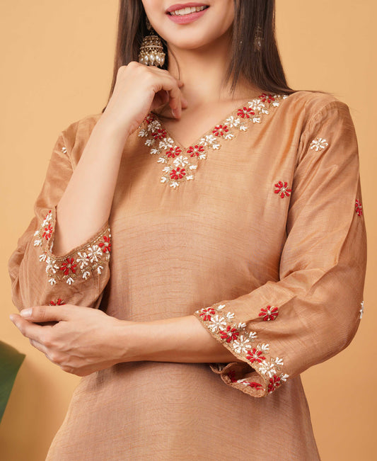 Brown Embroidered Ethnic Kurta Set with Pant & Banarasi Dupatta