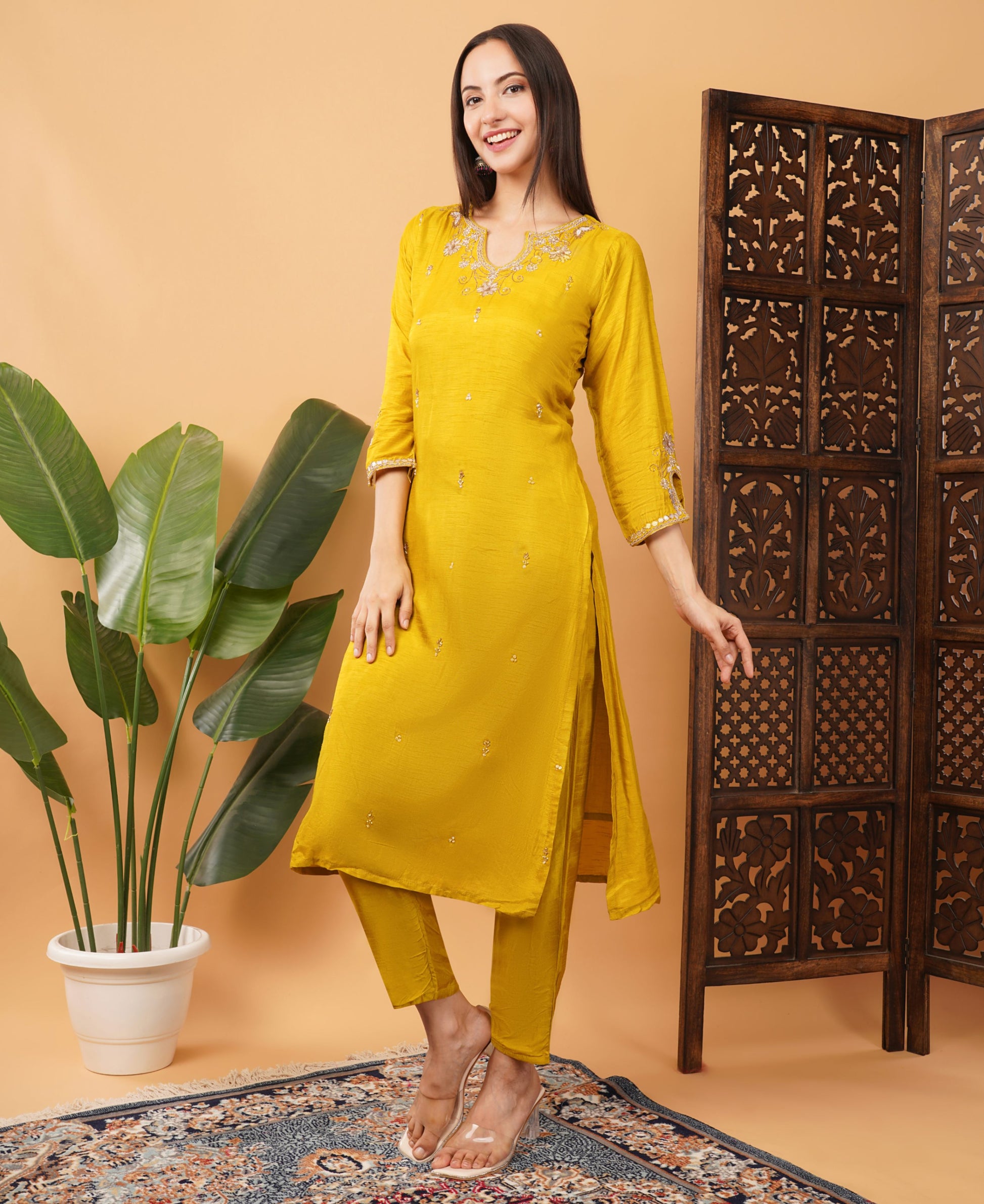 Mustard Yellow Embroidered Ethnic Kurta Set with Pant & Dupatta - Prisachi Official