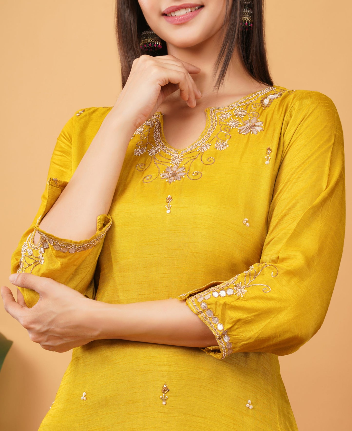 Mustard Yellow Embroidered Ethnic Kurta Set with Pant & Dupatta - Prisachi Official
