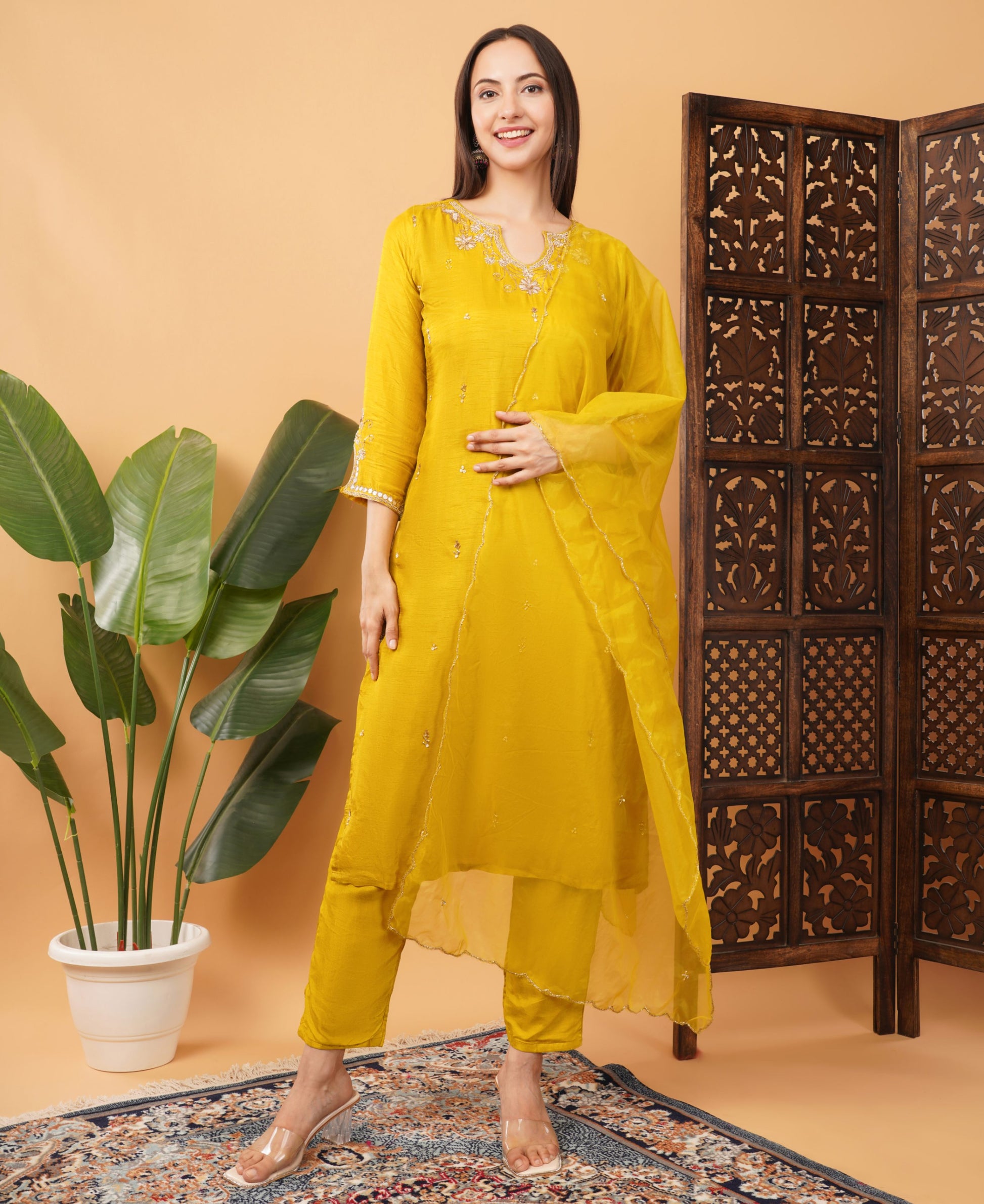 Mustard Yellow Embroidered Ethnic Kurta Set with Pant & Dupatta - Prisachi Official