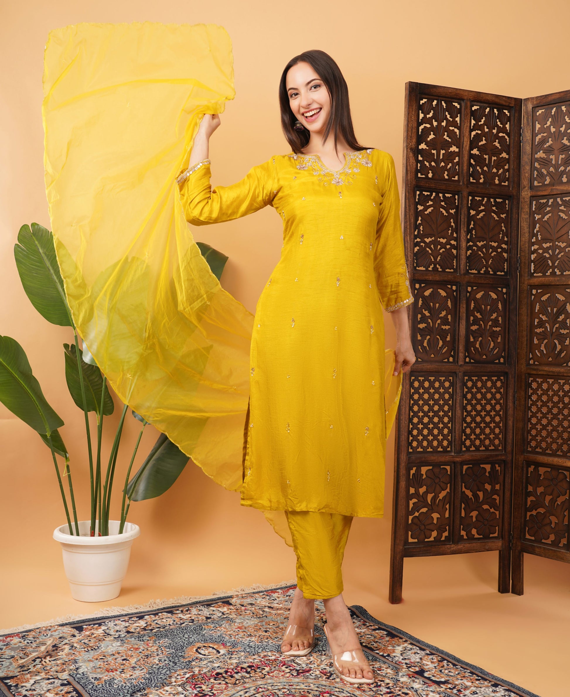 Mustard Yellow Embroidered Ethnic Kurta Set with Pant & Dupatta - Prisachi Official