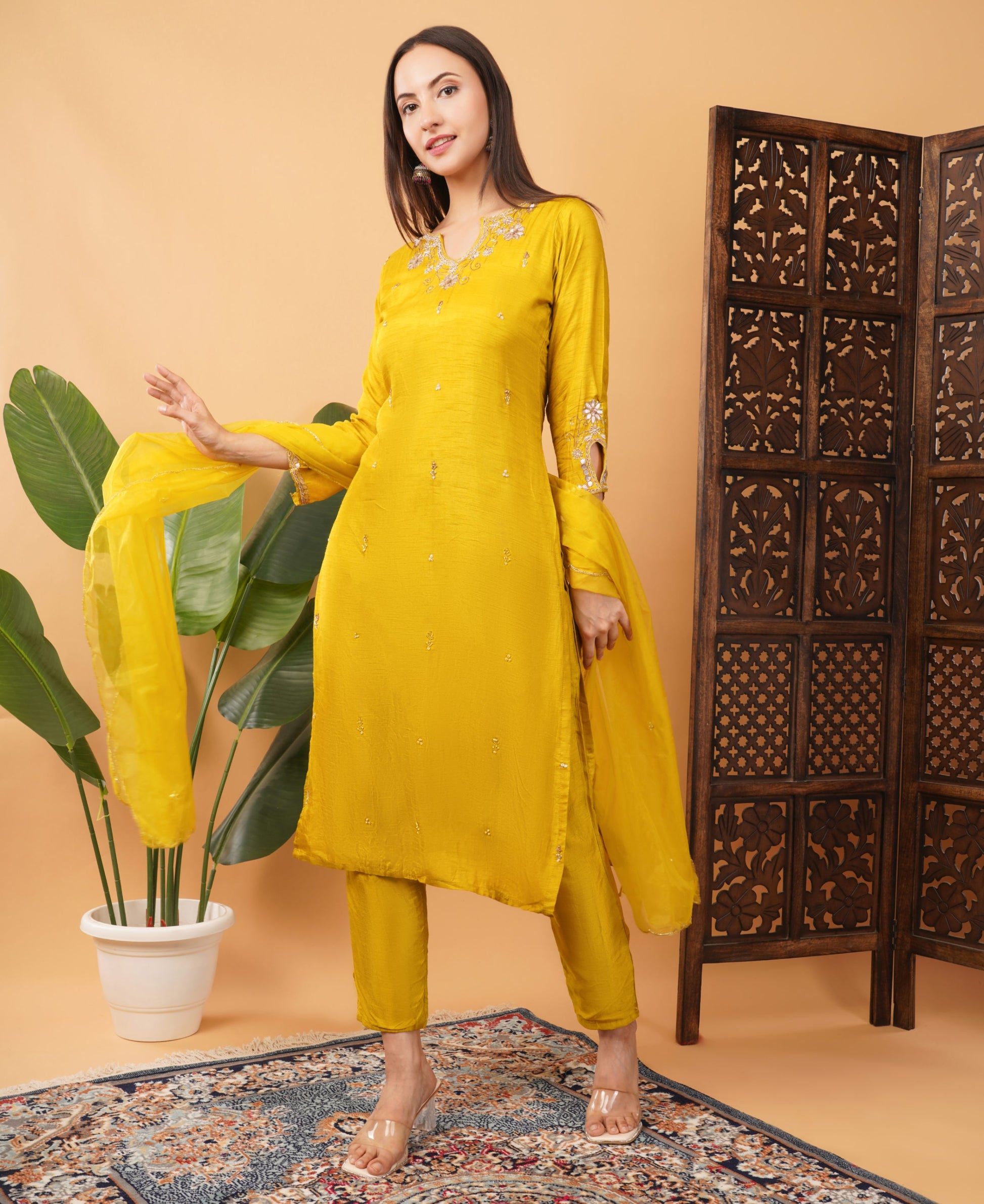 Mustard Yellow Embroidered Ethnic Kurta Set with Pant & Dupatta - Prisachi Official