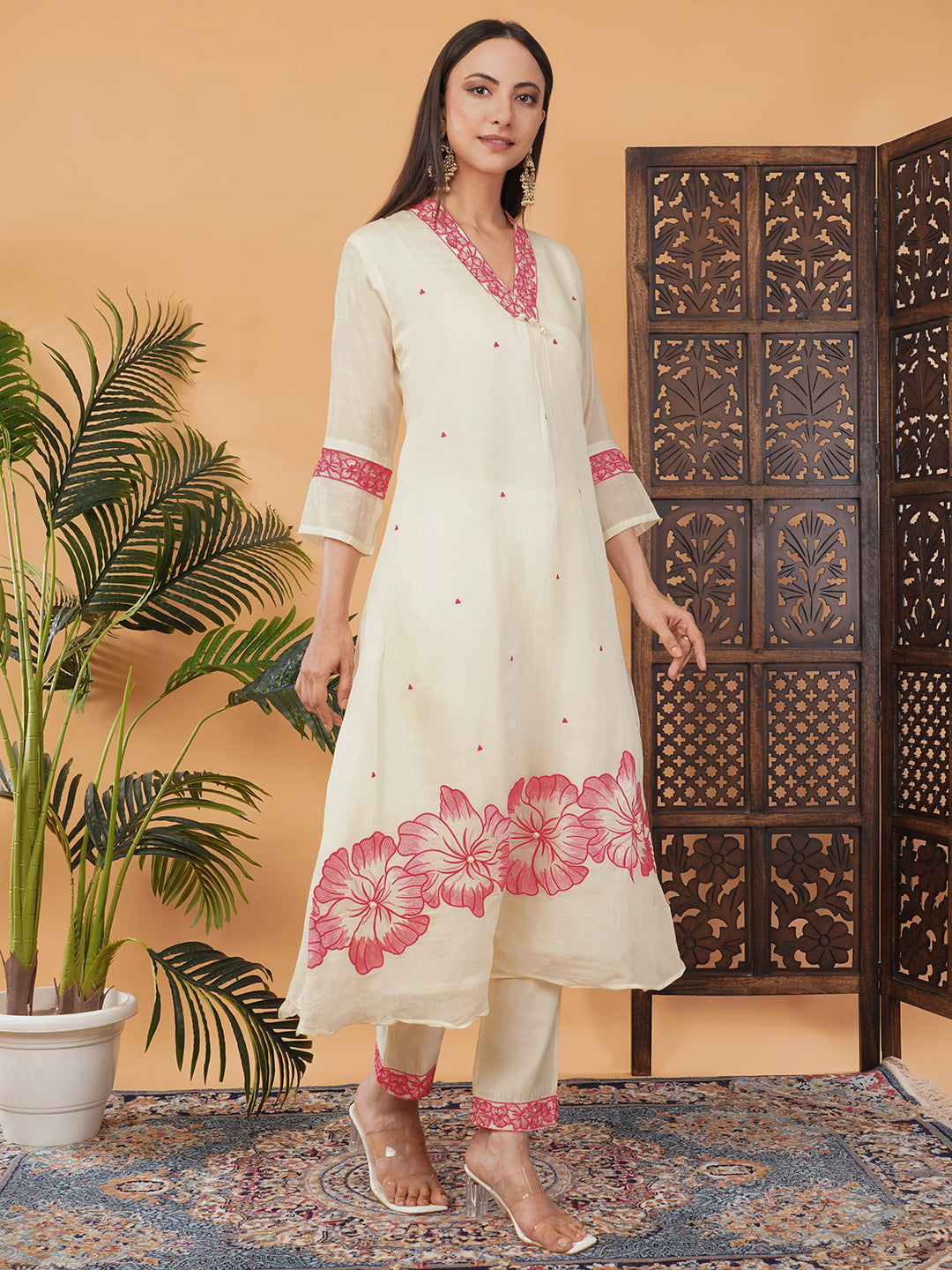 White Embroidered A-Line Ethnic Kurta Set with Dupatta & Pants