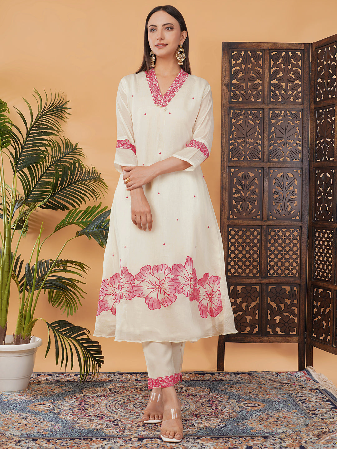 White Embroidered A-Line Ethnic Kurta Set with Dupatta & Pants