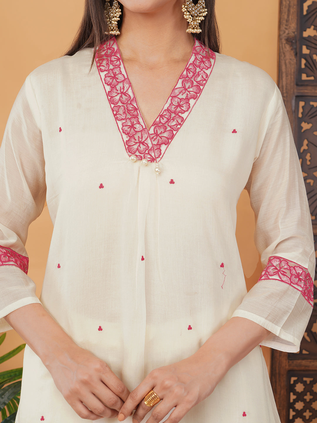 White Embroidered A-Line Ethnic Kurta Set with Dupatta & Pants