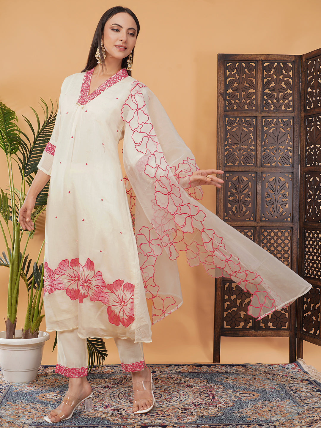 White Embroidered A-Line Ethnic Kurta Set with Dupatta & Pants