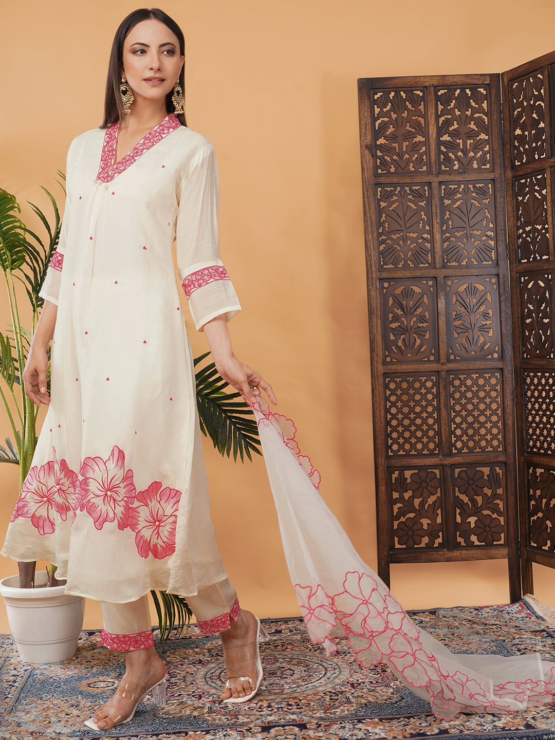 White Embroidered A-Line Ethnic Kurta Set with Dupatta & Pants