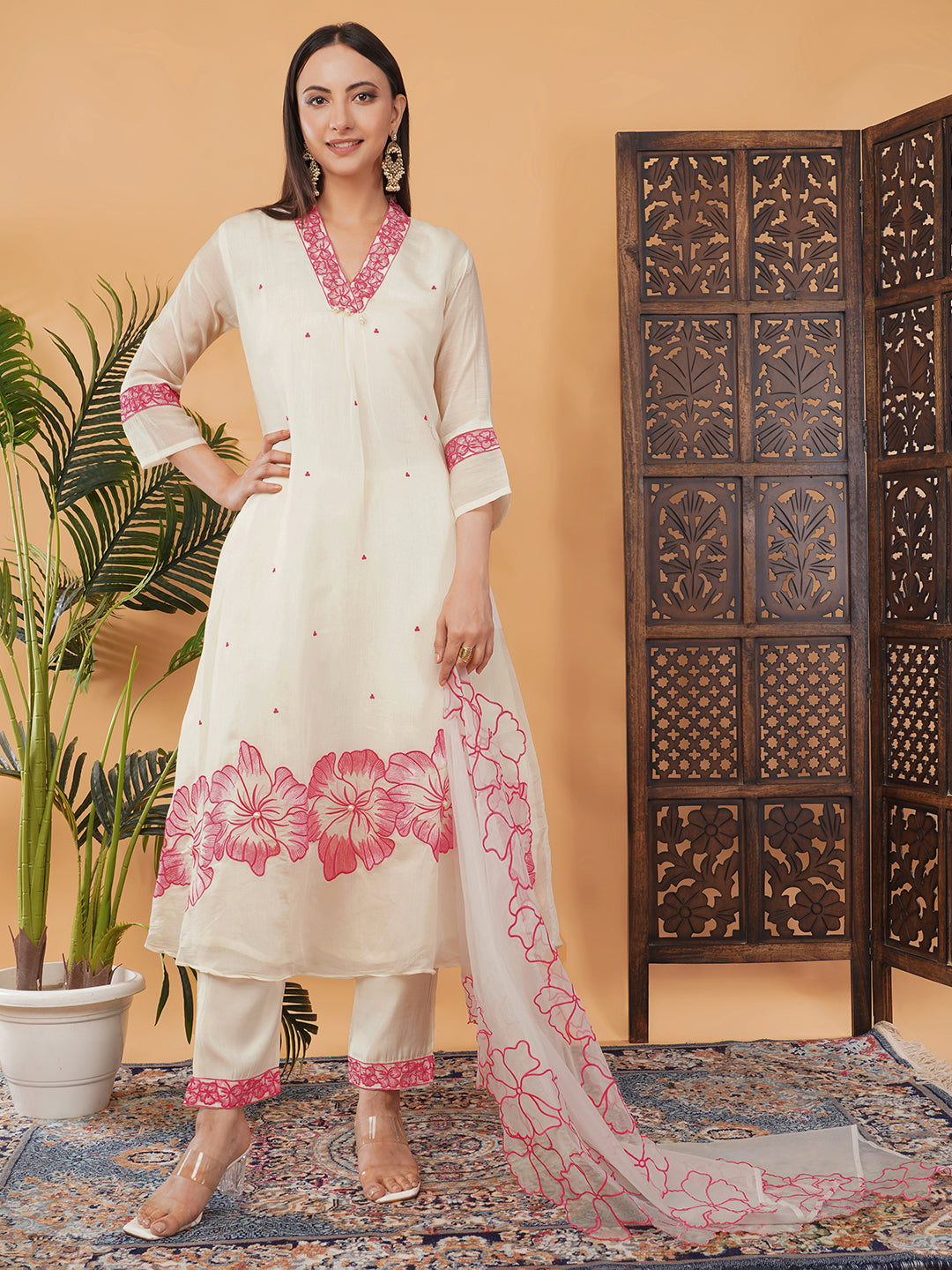 White Embroidered A-Line Ethnic Kurta Set with Dupatta & Pants