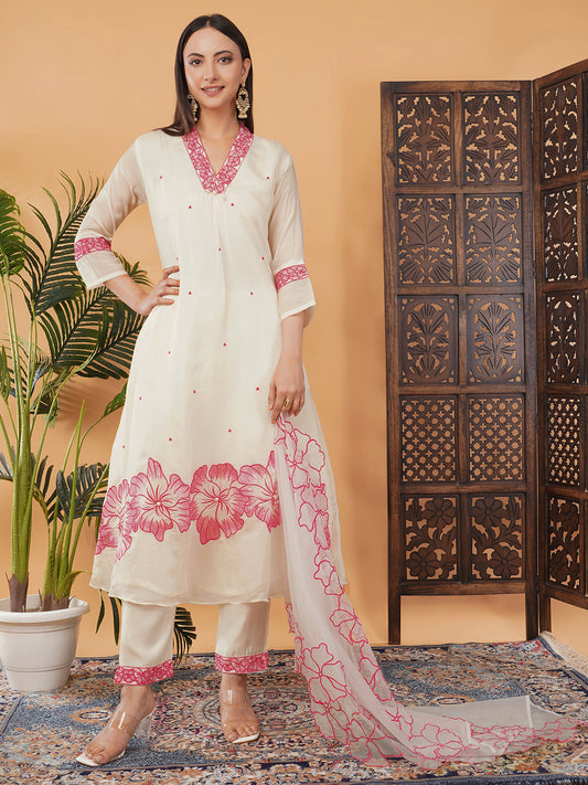 White Embroidered A-Line Ethnic Kurta Set with Dupatta & Pants