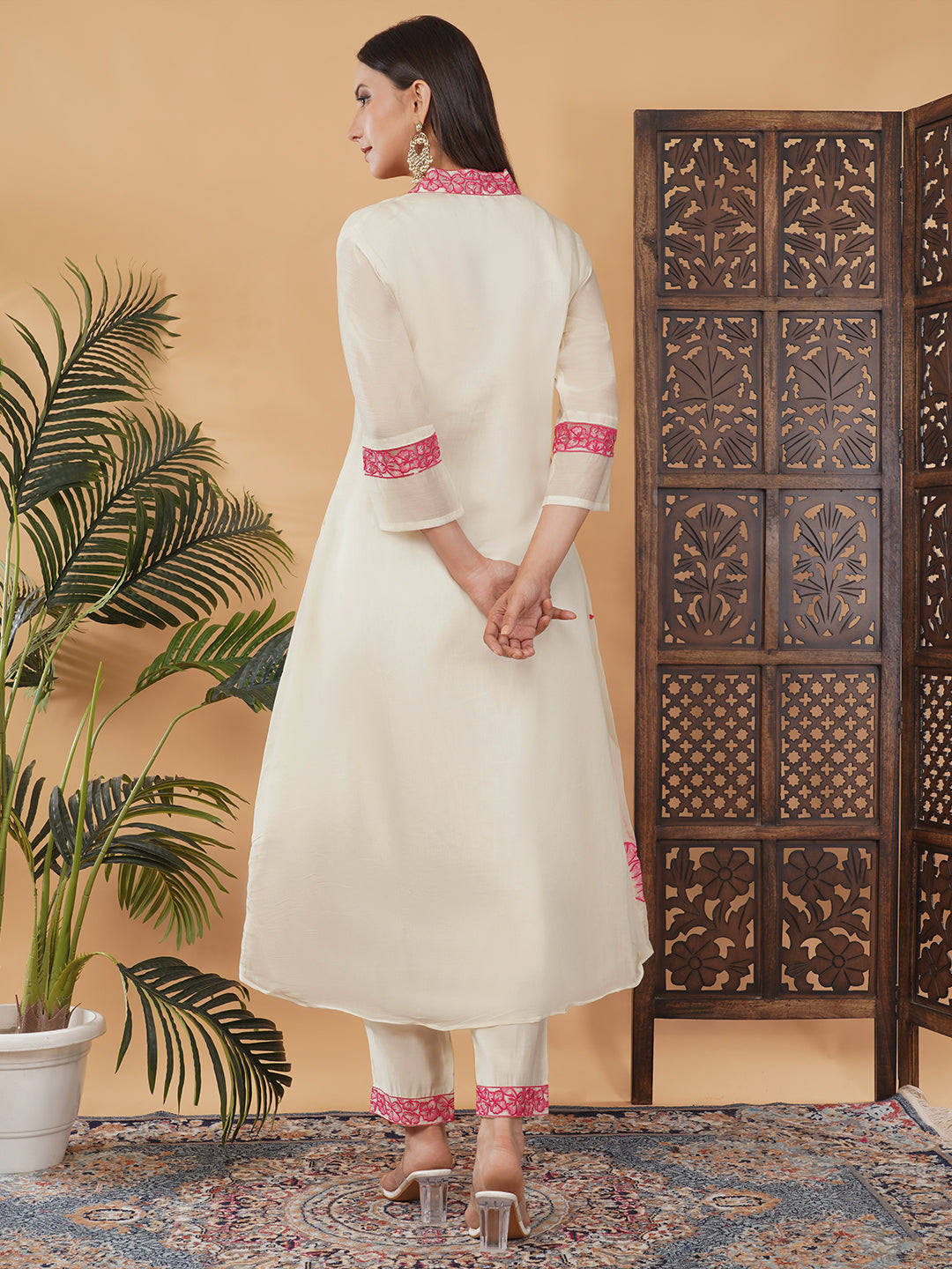 White Embroidered A-Line Ethnic Kurta Set with Dupatta & Pants