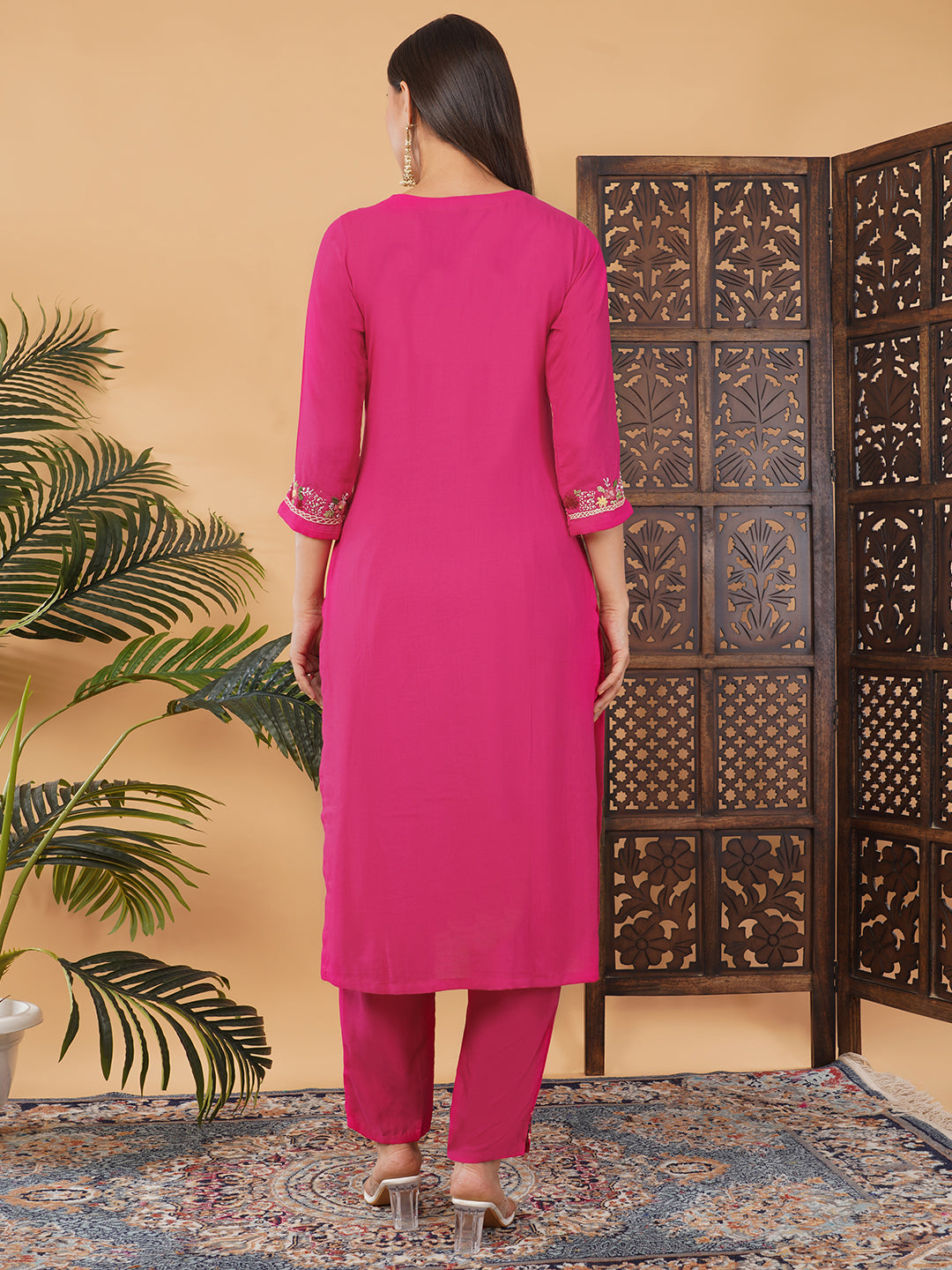 Dark Pink Thread Embroidered Kurti Pant Co-ord Set for Women | Ethnic Office & Daily Wear
