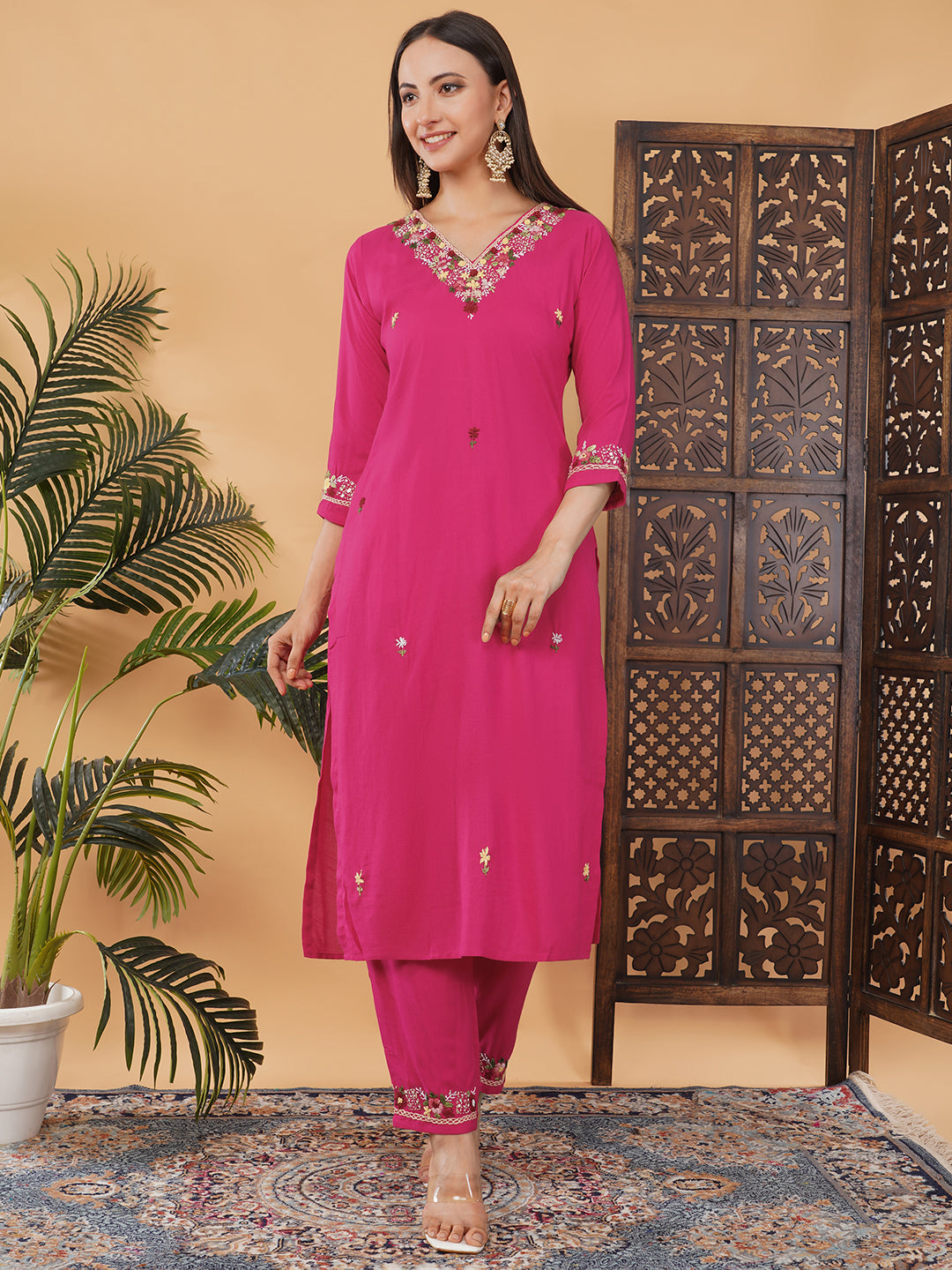 Dark Pink Thread Embroidered Kurti Pant Co-ord Set for Women | Ethnic Office & Daily Wear