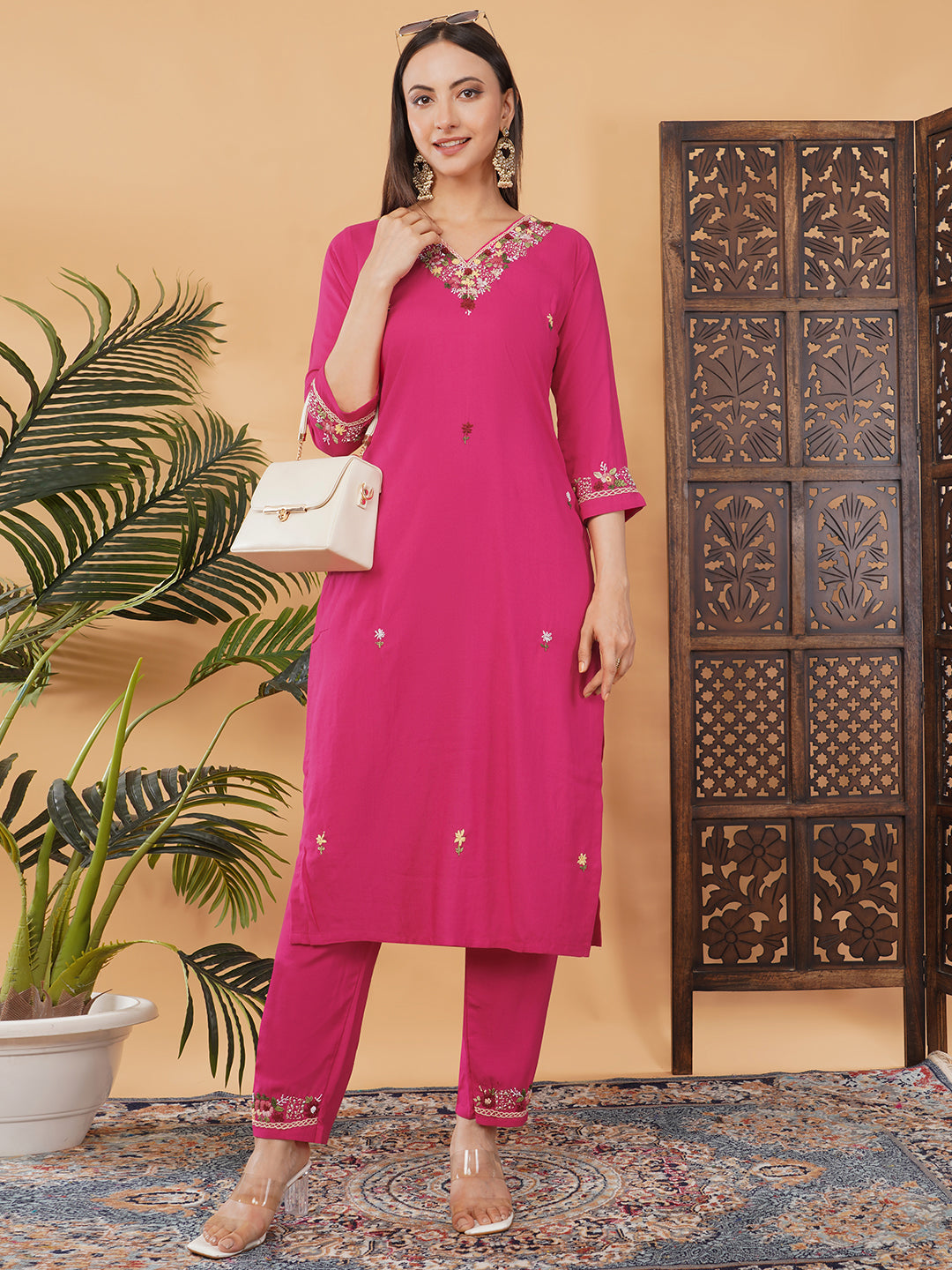 Dark Pink Thread Embroidered Kurti Pant Co-ord Set for Women | Ethnic Office & Daily Wear