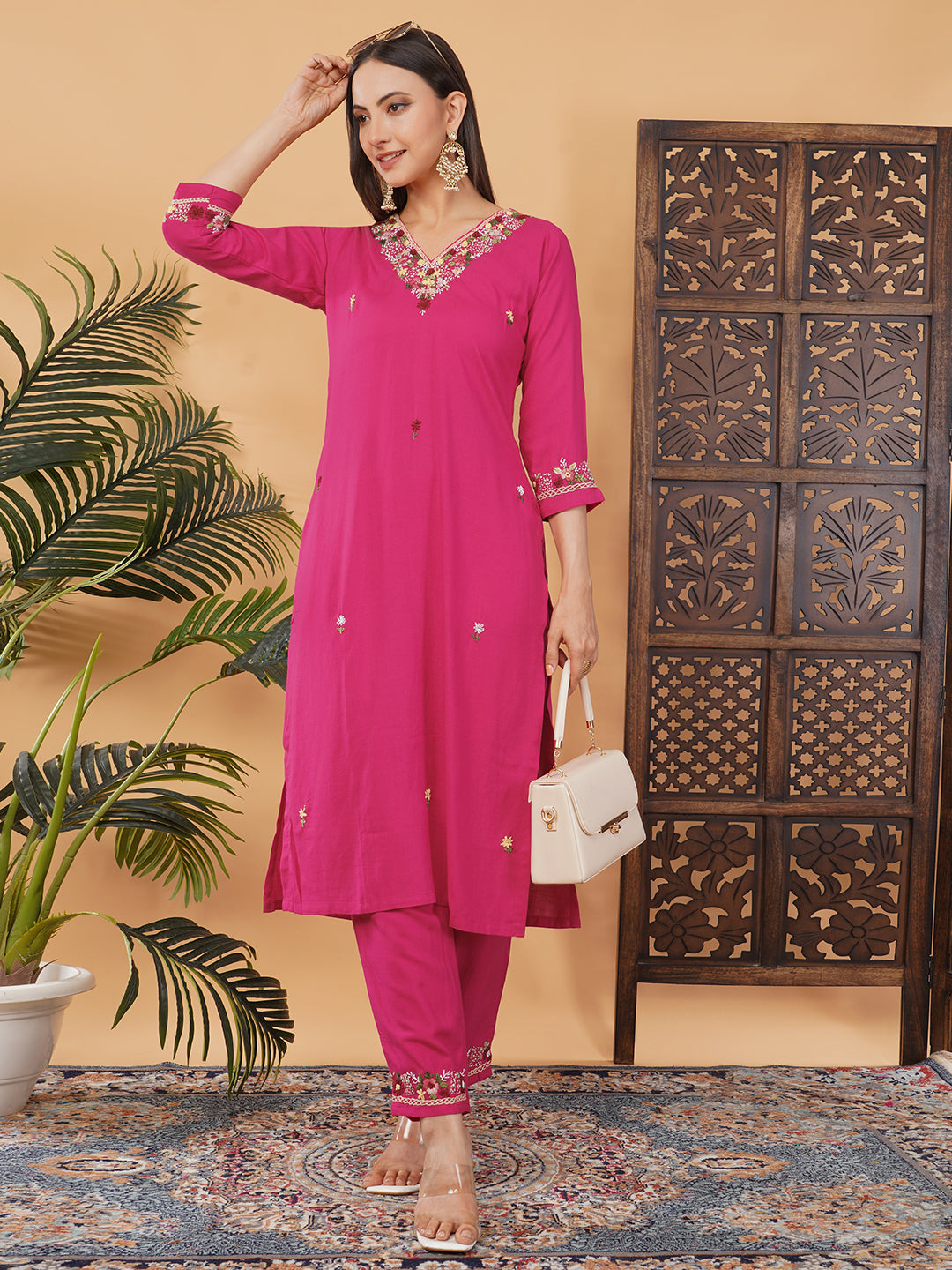 Dark Pink Thread Embroidered Kurti Pant Co-ord Set for Women | Ethnic Office & Daily Wear