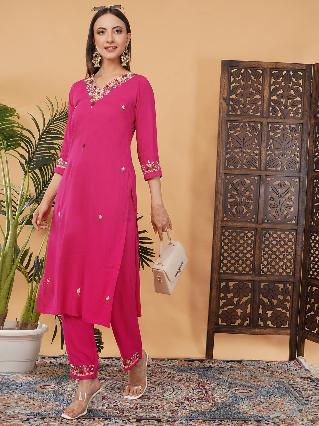 Dark Pink Thread Embroidered Kurti Pant Co-ord Set for Women | Ethnic Office & Daily Wear