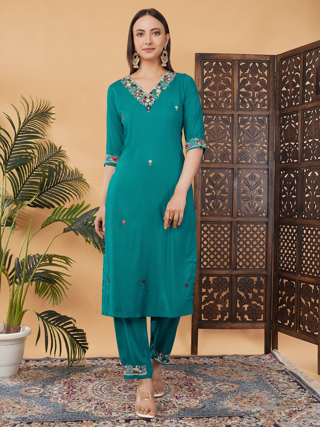 Green Thread Embroidered Kurti Pant Co-ord Set for Women | Ethnic Office & Daily Wear