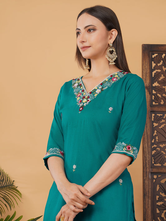Green Thread Embroidered Kurti Pant Co-ord Set for Women | Ethnic Office & Daily Wear