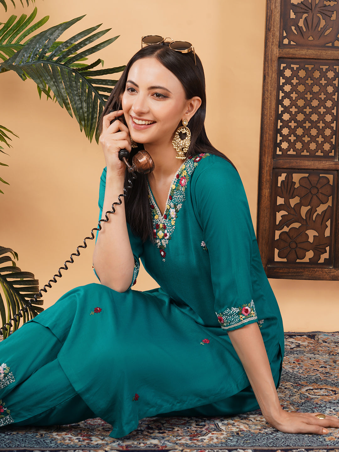 Green Thread Embroidered Kurti Pant Co-ord Set for Women | Ethnic Office & Daily Wear
