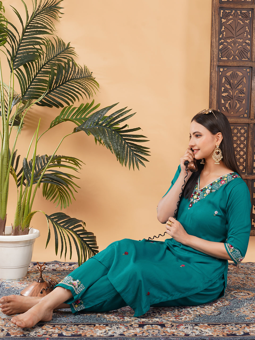 Green Thread Embroidered Kurti Pant Co-ord Set for Women | Ethnic Office & Daily Wear