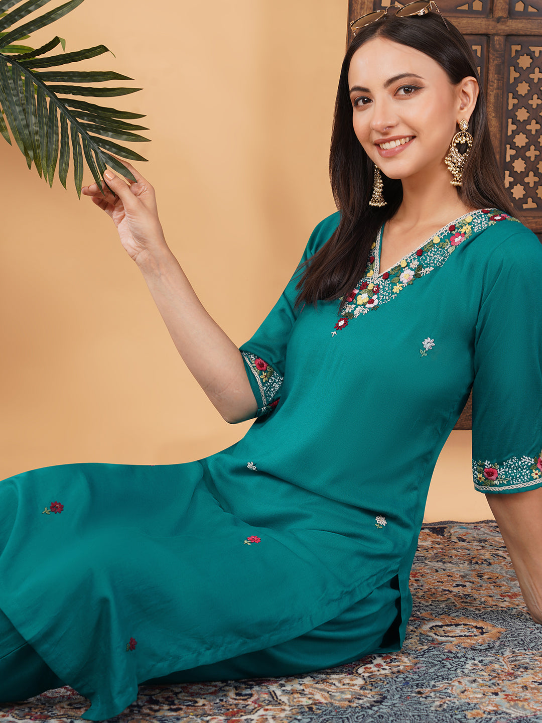 Green Thread Embroidered Kurti Pant Co-ord Set for Women | Ethnic Office & Daily Wear
