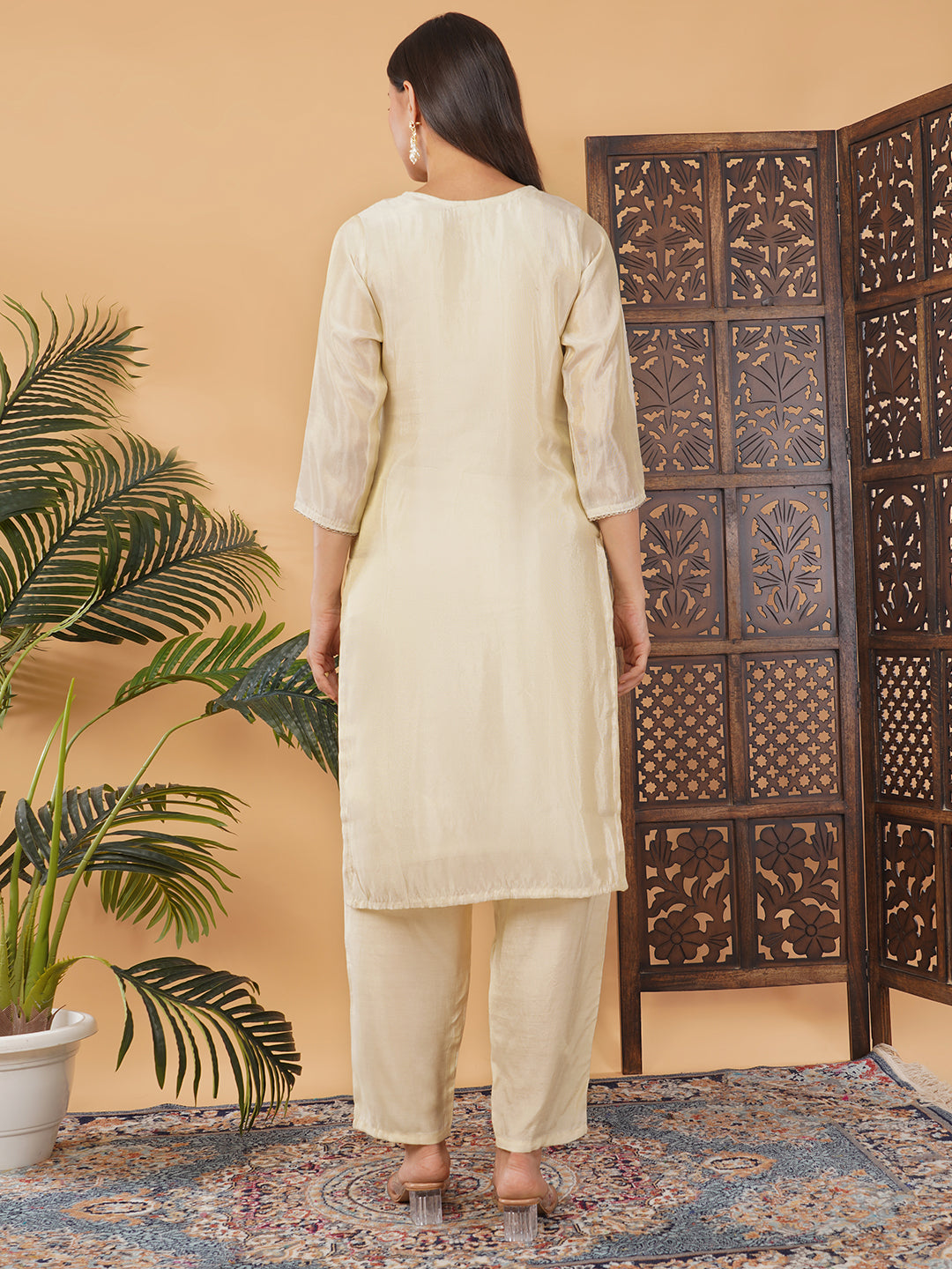 Off White Embroidered Kurta Set with Pants And Red Banarasi Dupatta | Traditional Festive Suit