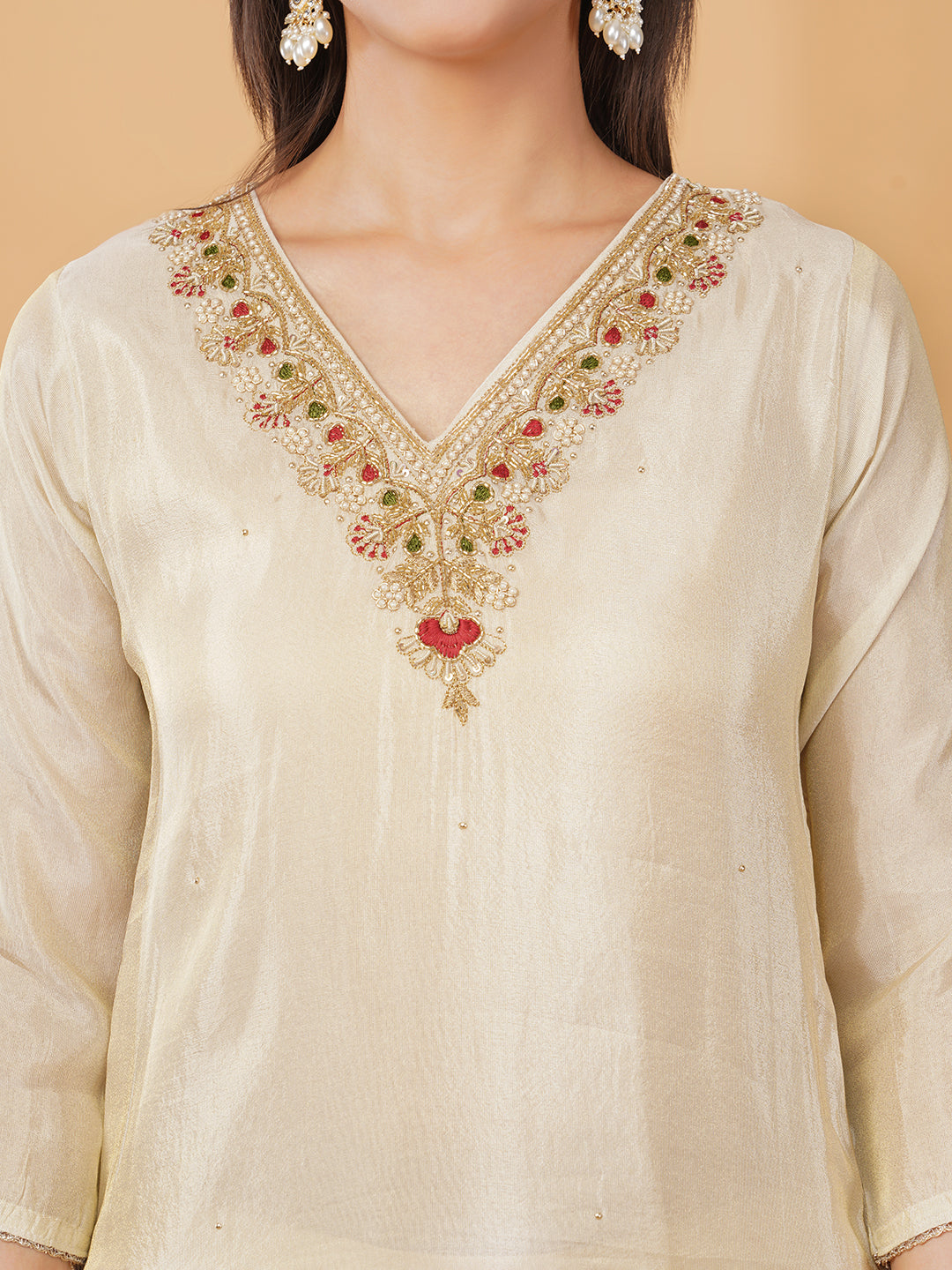 Off White Embroidered Kurta Set with Pants And Red Banarasi Dupatta | Traditional Festive Suit