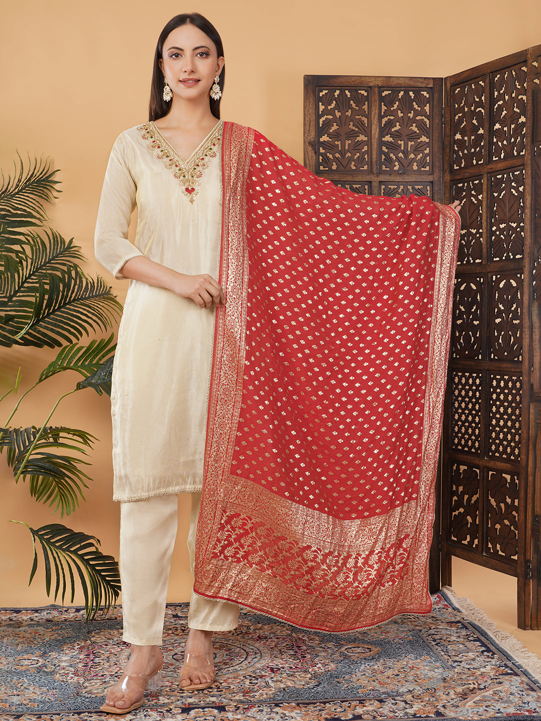 Off White Embroidered Kurta Set with Pants And Red Banarasi Dupatta | Traditional Festive Suit