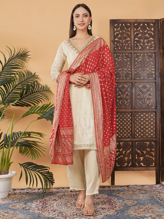 Off White Embroidered Kurta Set with Pants And Red Banarasi Dupatta | Traditional Festive Suit