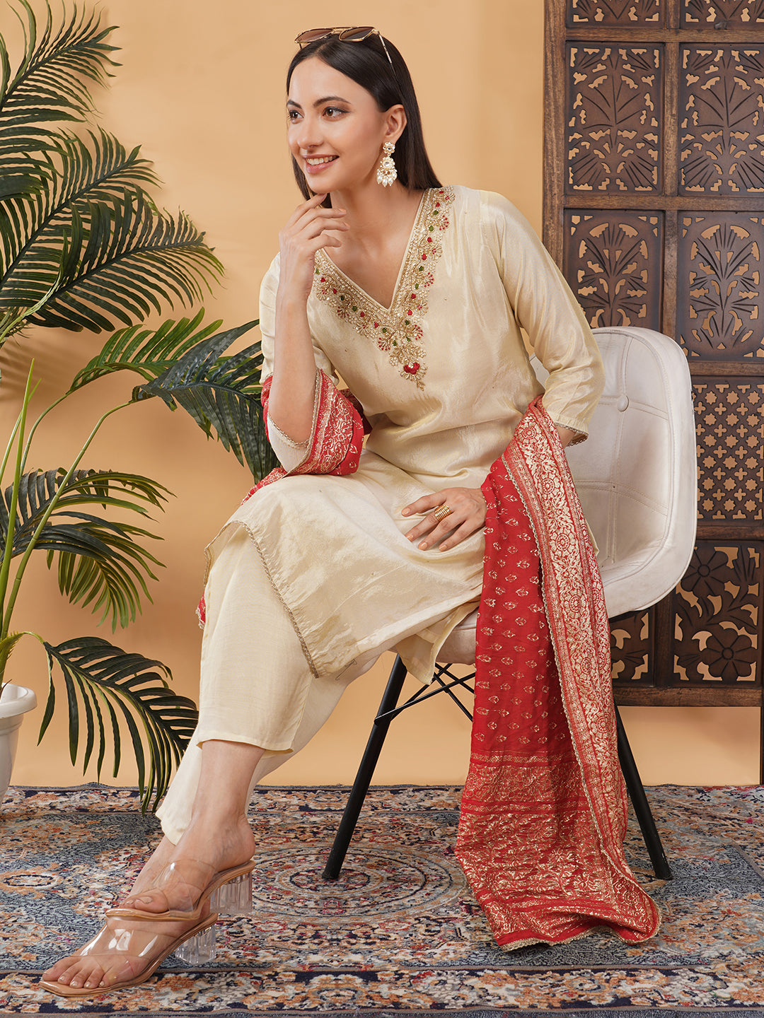 Off White Embroidered Kurta Set with Pants And Red Banarasi Dupatta | Traditional Festive Suit