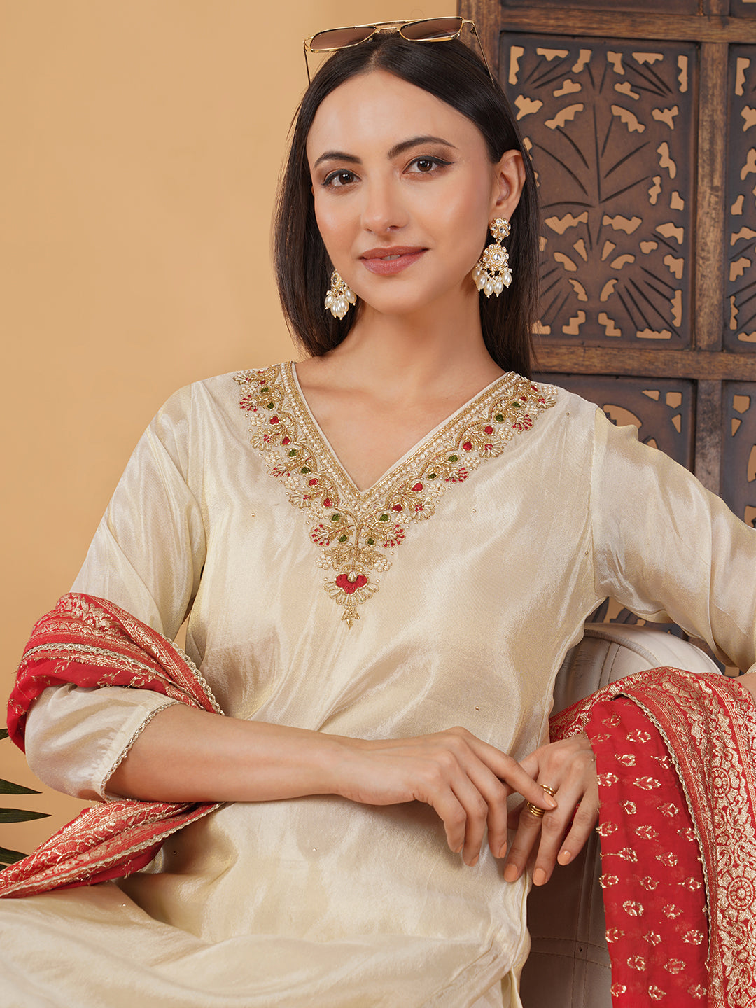 Off White Embroidered Kurta Set with Pants And Red Banarasi Dupatta | Traditional Festive Suit