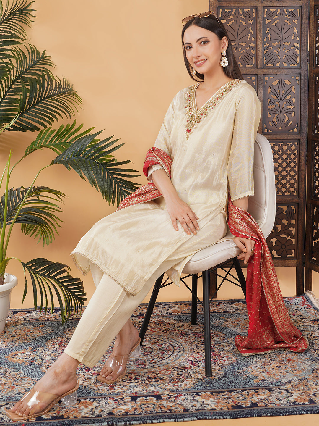 Off White Embroidered Kurta Set with Pants And Red Banarasi Dupatta | Traditional Festive Suit