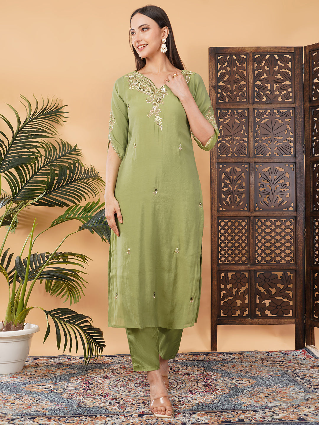 Pista Green Embroidered Kurta Set for Women with Pants & Dupatta | Designer Festive Ethnic Suit
