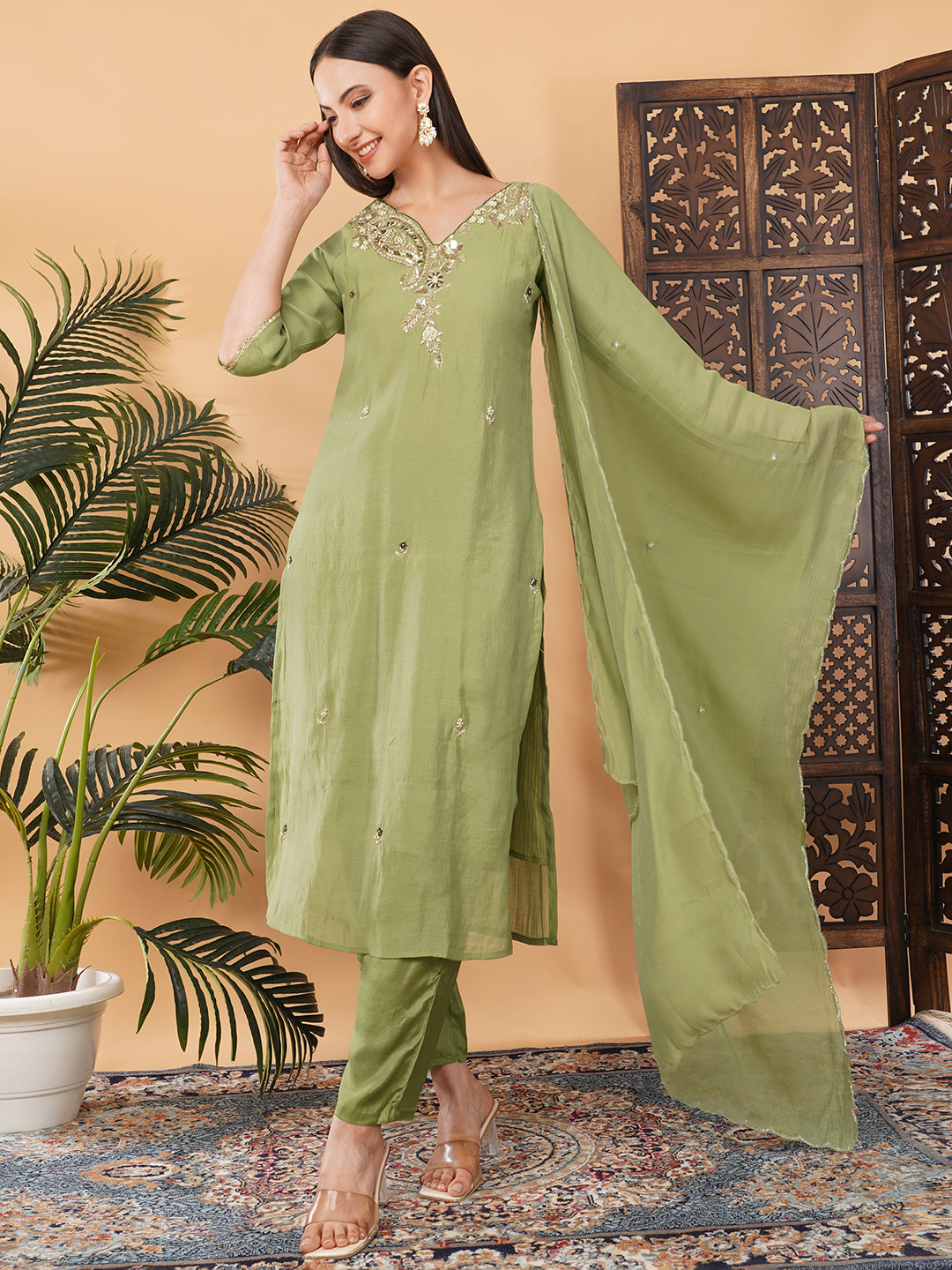 Pista Green Embroidered Kurta Set for Women with Pants & Dupatta | Designer Festive Ethnic Suit