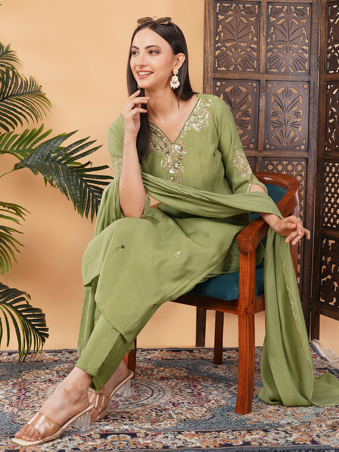 Pista Green Embroidered Kurta Set for Women with Pants & Dupatta | Designer Festive Ethnic Suit