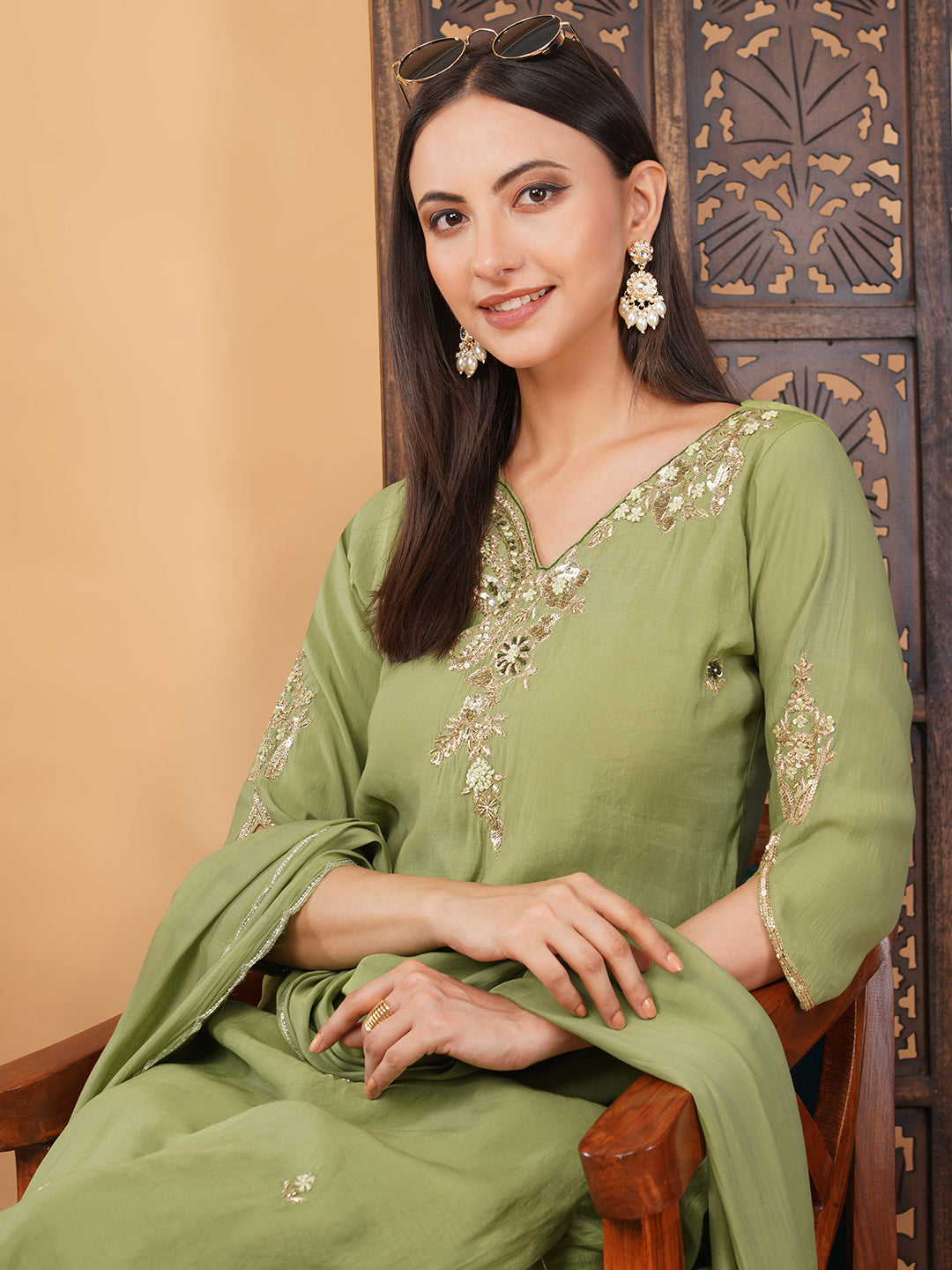 Pista Green Embroidered Kurta Set for Women with Pants & Dupatta | Designer Festive Ethnic Suit