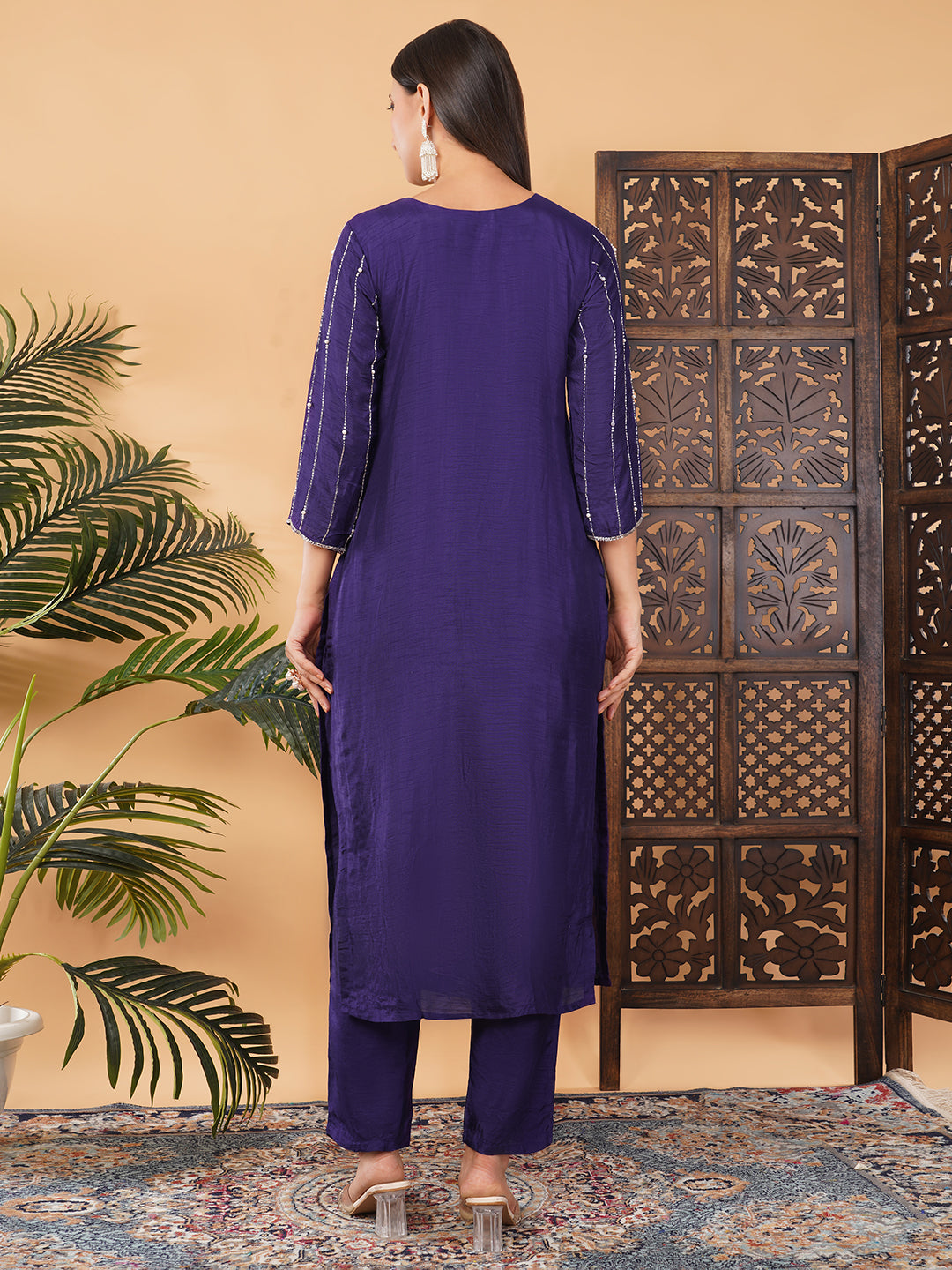Purple Zardozi Embroidered Kurta Set with Dupatta & Pants for Women | Ethnic Suit Set