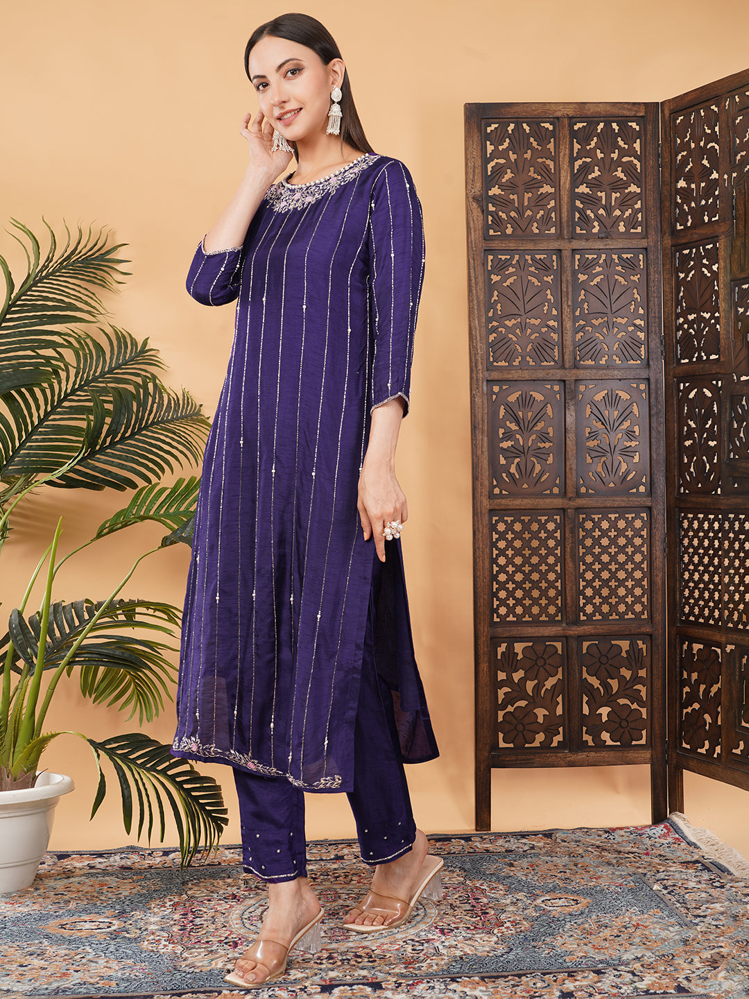 Purple Zardozi Embroidered Kurta Set with Dupatta & Pants for Women | Ethnic Suit Set