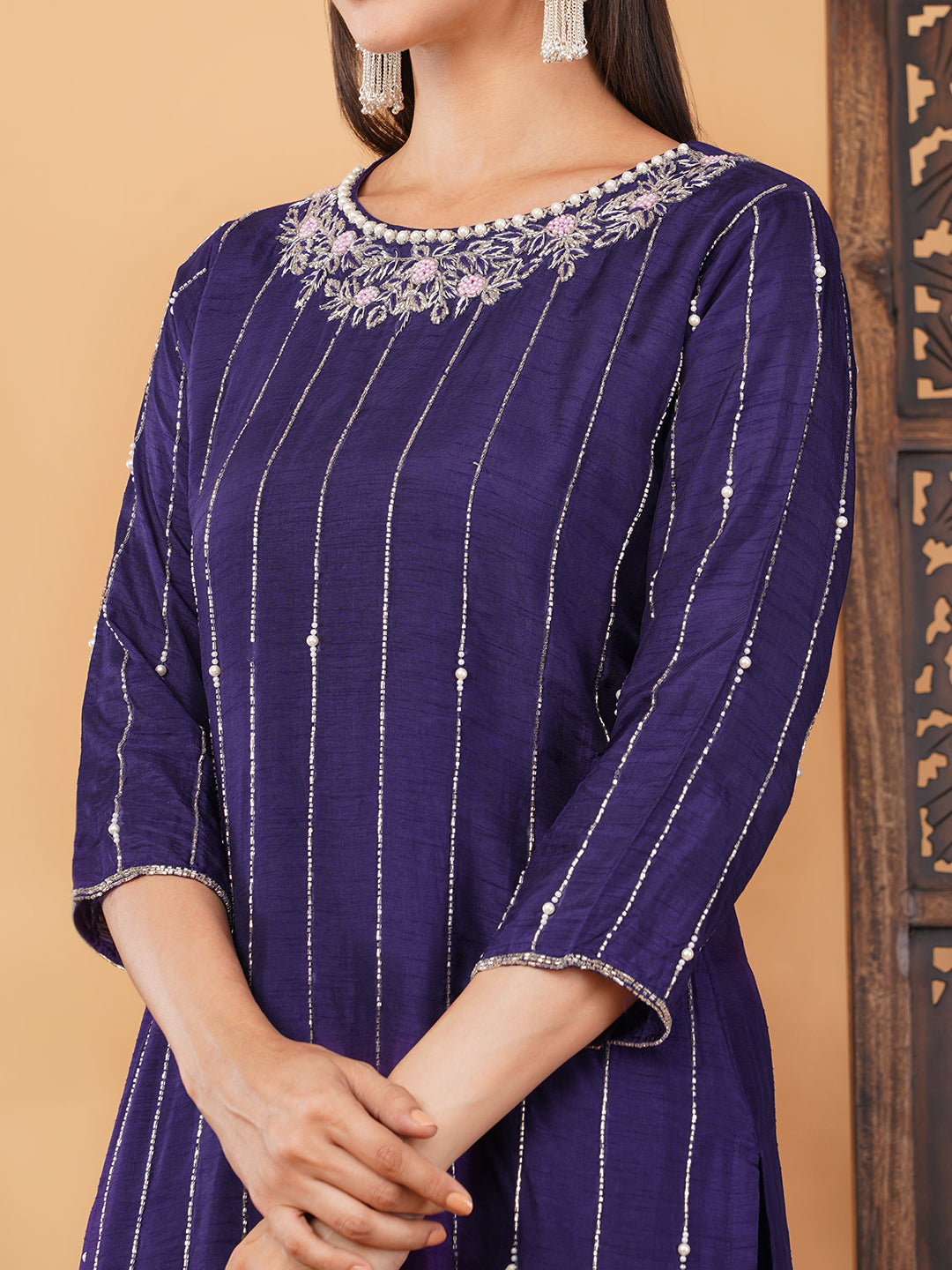 Purple Zardozi Embroidered Kurta Set with Dupatta & Pants for Women | Ethnic Suit Set