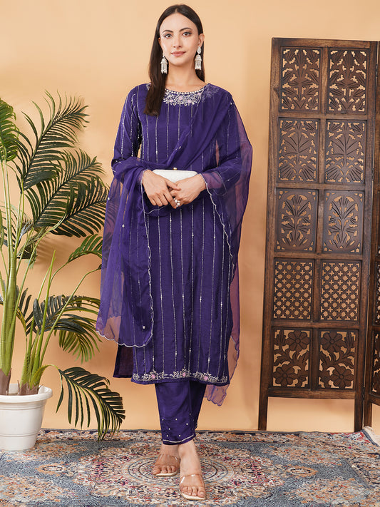 Purple Zardozi Embroidered Kurta Set with Dupatta & Pants for Women | Ethnic Suit Set