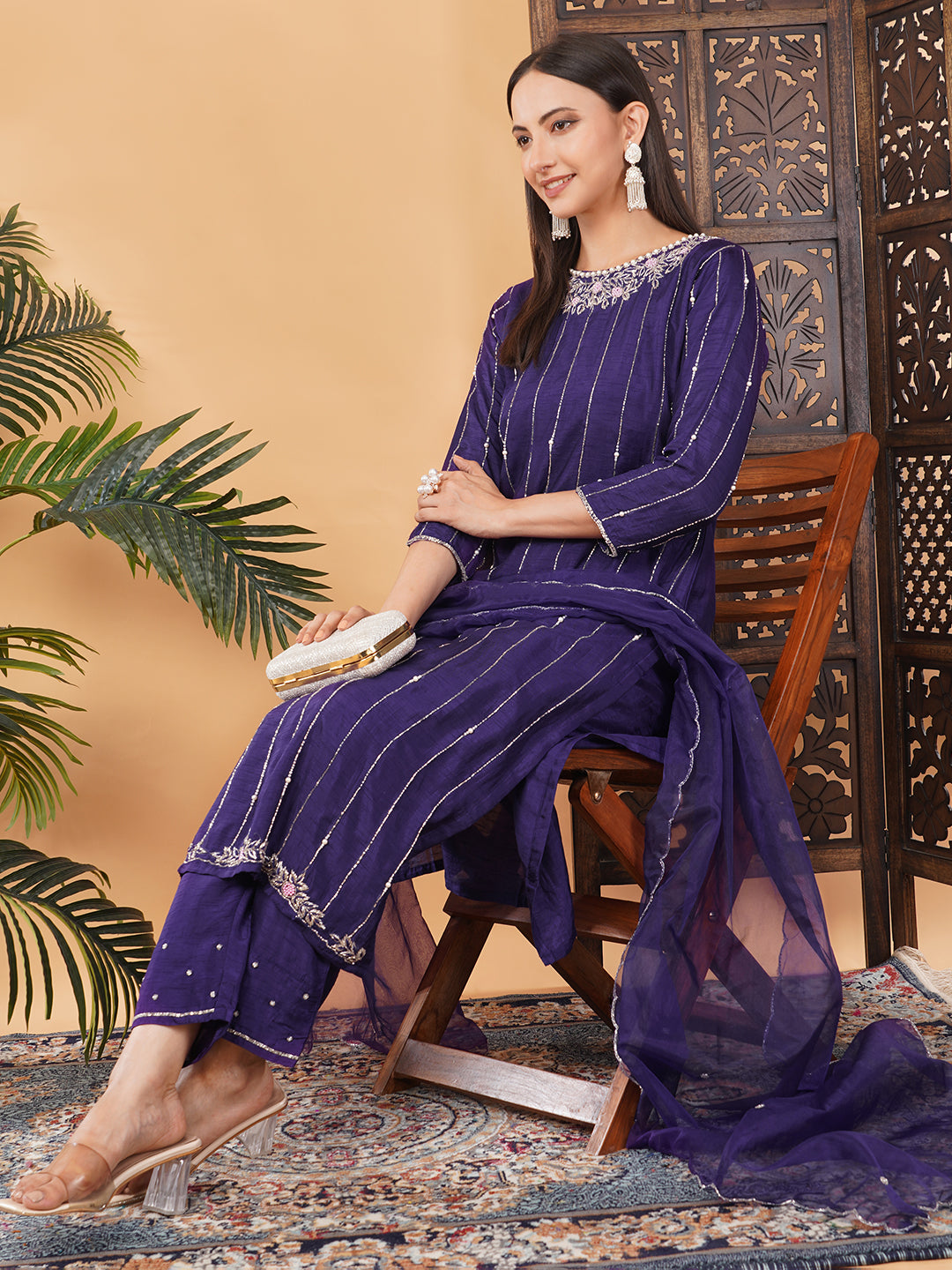 Purple Zardozi Embroidered Kurta Set with Dupatta & Pants for Women | Ethnic Suit Set