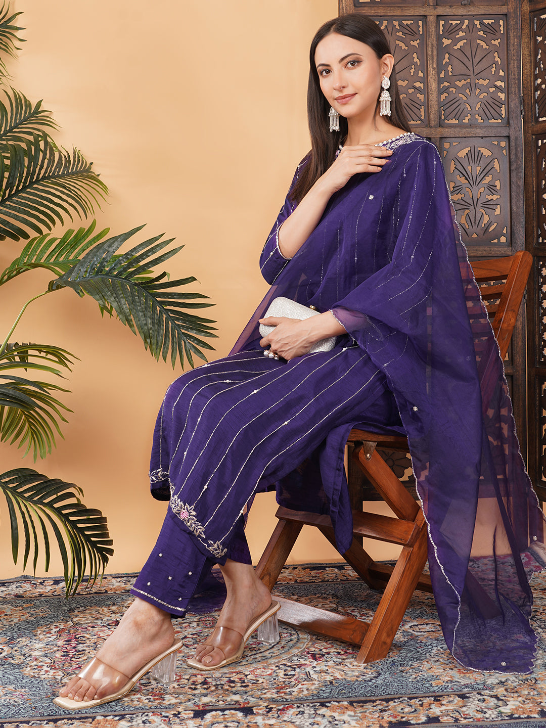 Purple Zardozi Embroidered Kurta Set with Dupatta & Pants for Women | Ethnic Suit Set