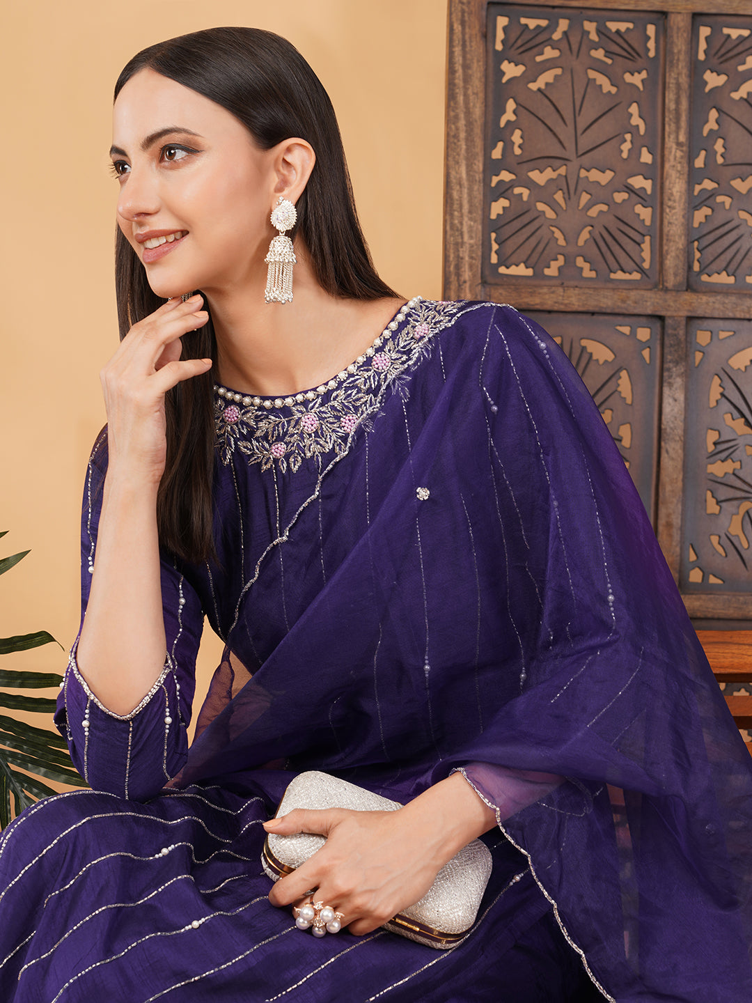 Purple Zardozi Embroidered Kurta Set with Dupatta & Pants for Women | Ethnic Suit Set
