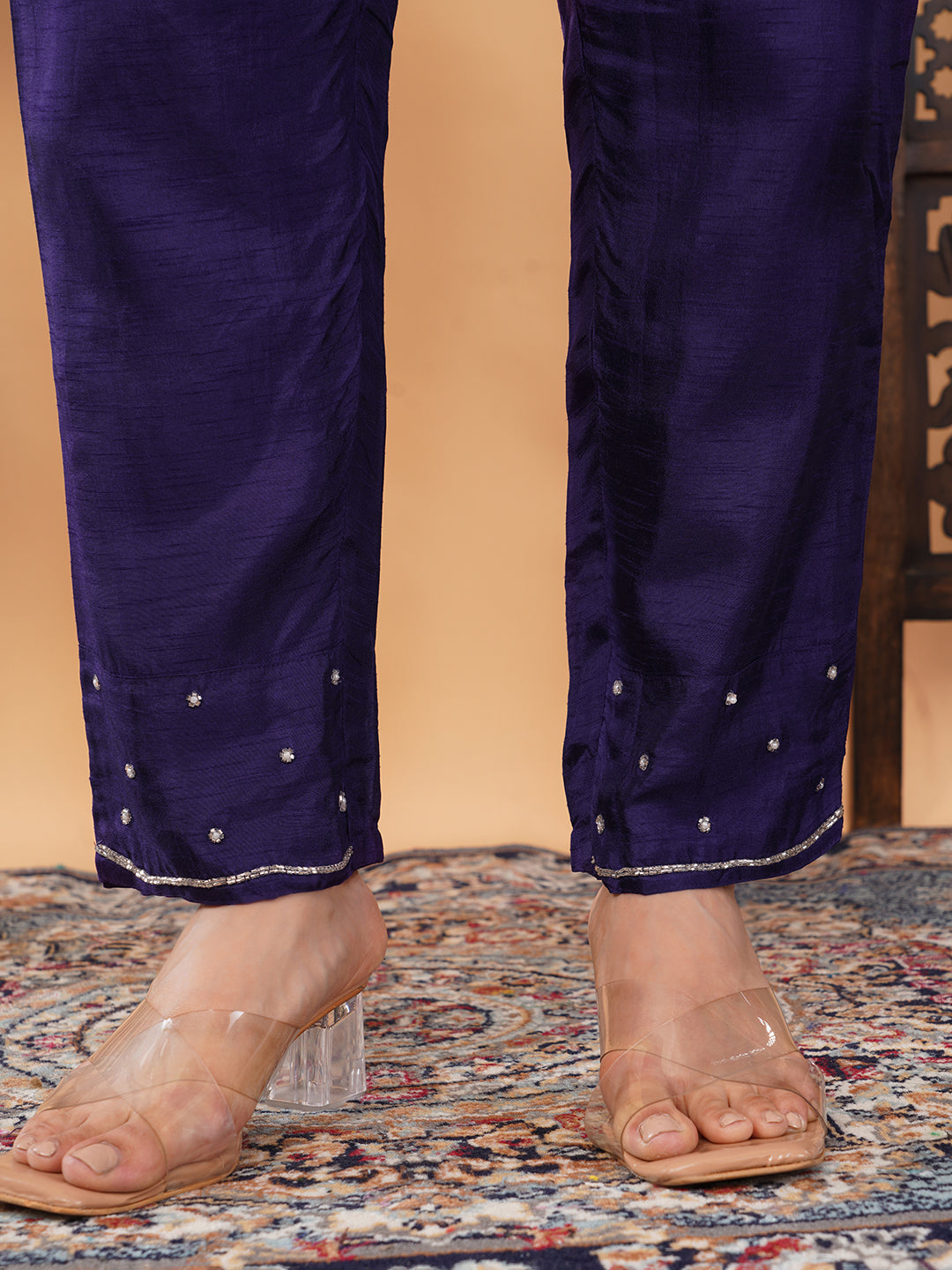 Purple Zardozi Embroidered Kurta Set with Dupatta & Pants for Women | Ethnic Suit Set