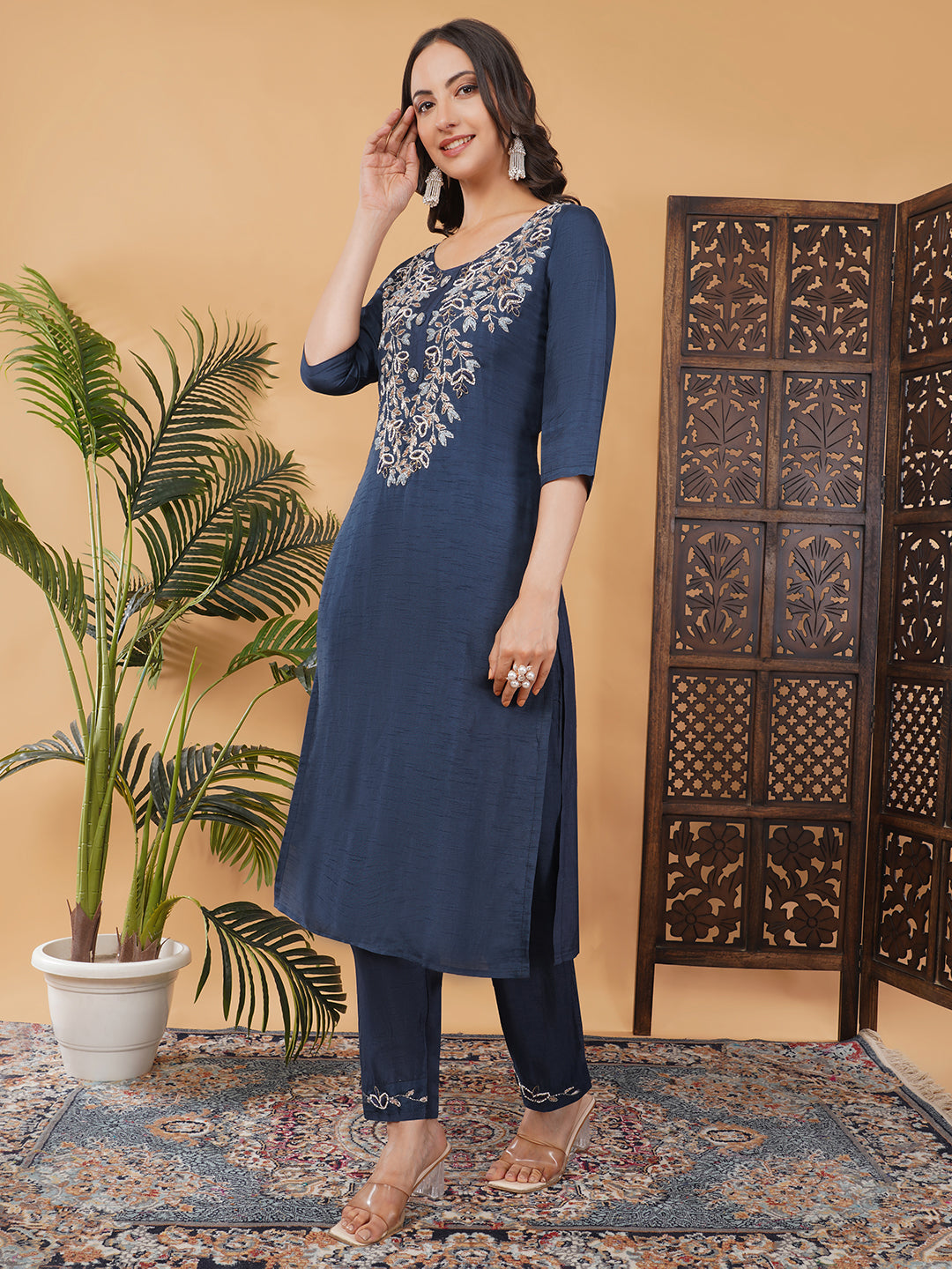 Blue Embroidered Ethnic Kurta Set With Dupatta And Pants | Traditional Festive Suit Set