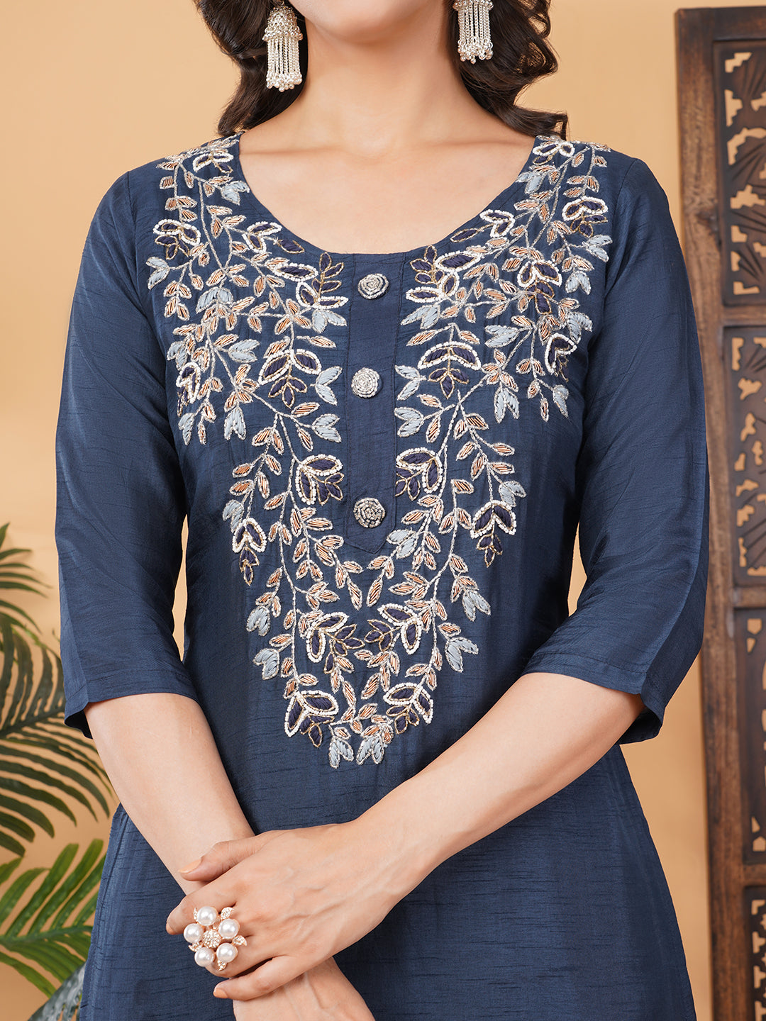 Blue Embroidered Ethnic Kurta Set With Dupatta And Pants | Traditional Festive Suit Set