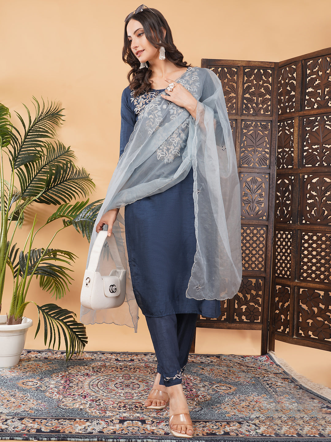 Blue Embroidered Ethnic Kurta Set With Dupatta And Pants | Traditional Festive Suit Set