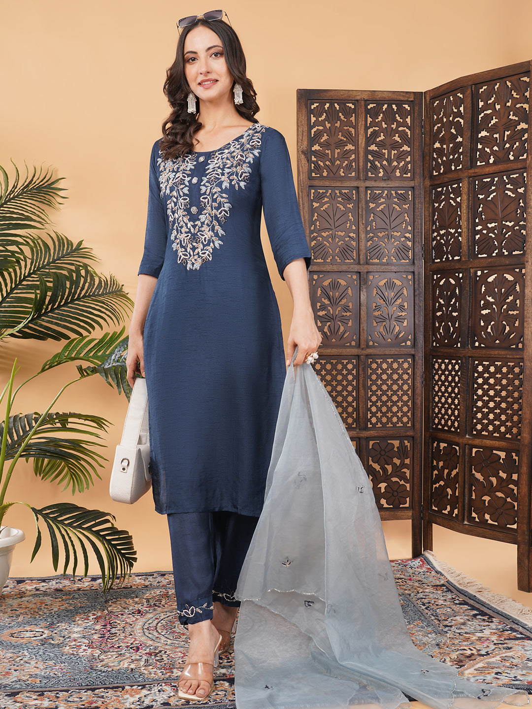 Blue Embroidered Ethnic Kurta Set With Dupatta And Pants | Traditional Festive Suit Set