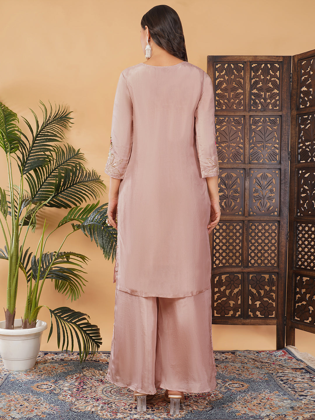 Pink Embroidered Kurta Set with Palazzo & Dupatta for Women | Traditional Ethnic Wear