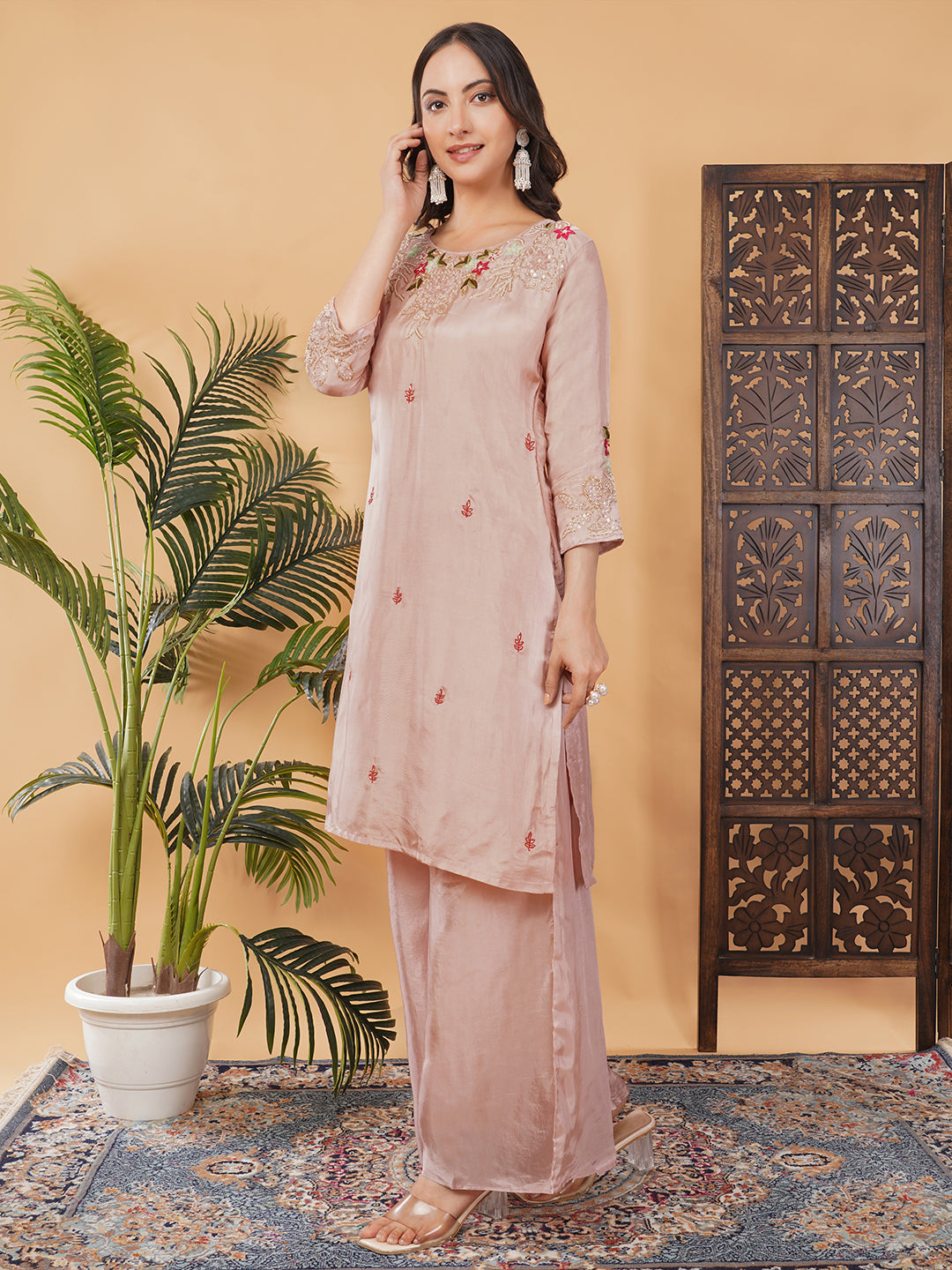 Pink Embroidered Kurta Set with Palazzo & Dupatta for Women | Traditional Ethnic Wear