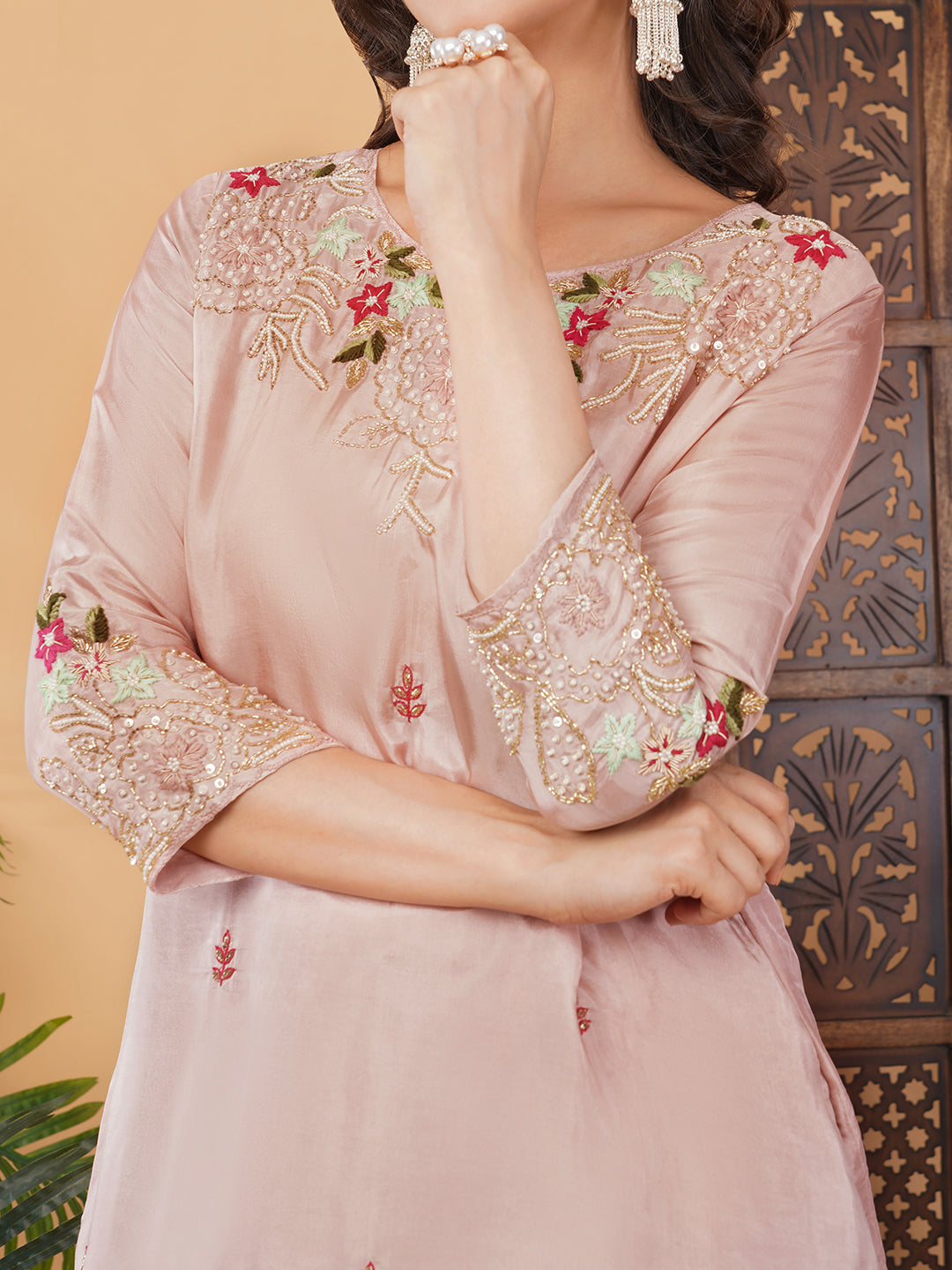 Pink Embroidered Kurta Set with Palazzo & Dupatta for Women | Traditional Ethnic Wear